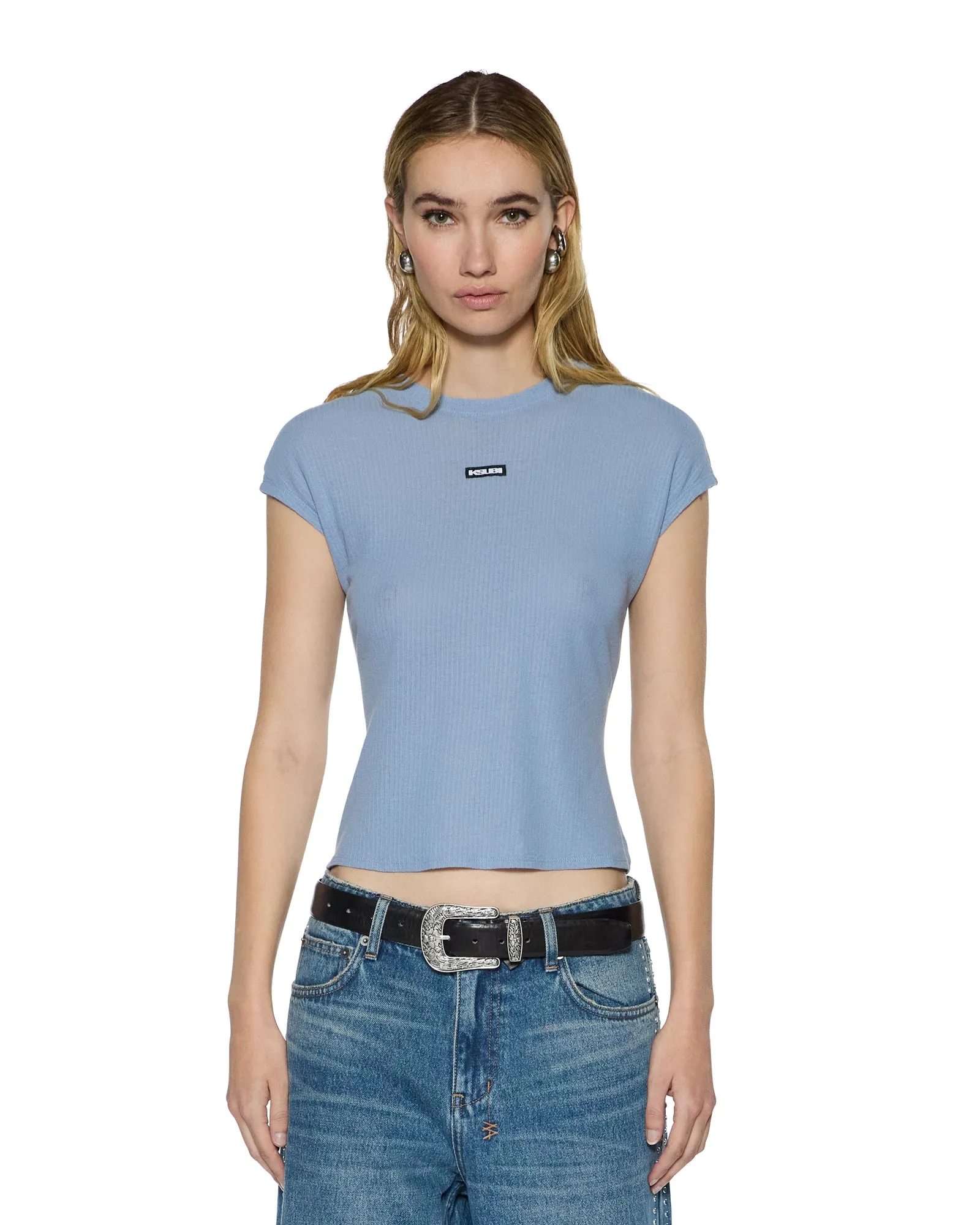 Non Irritating Seam Finish Warm Fabric STAPLE SS TEE ICE BLUE SHEER