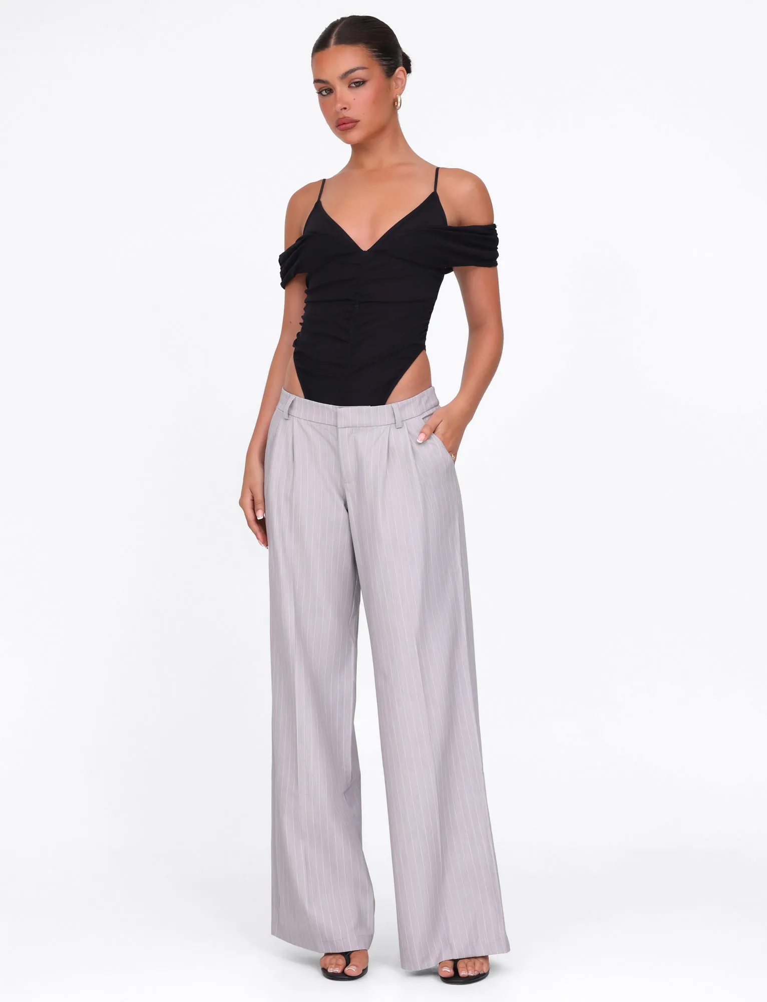 AMBERLY SUIT PANT - GREY : PINSTRIPE : GREY PINSTRIPE TaperedLeg No Irritation Seams