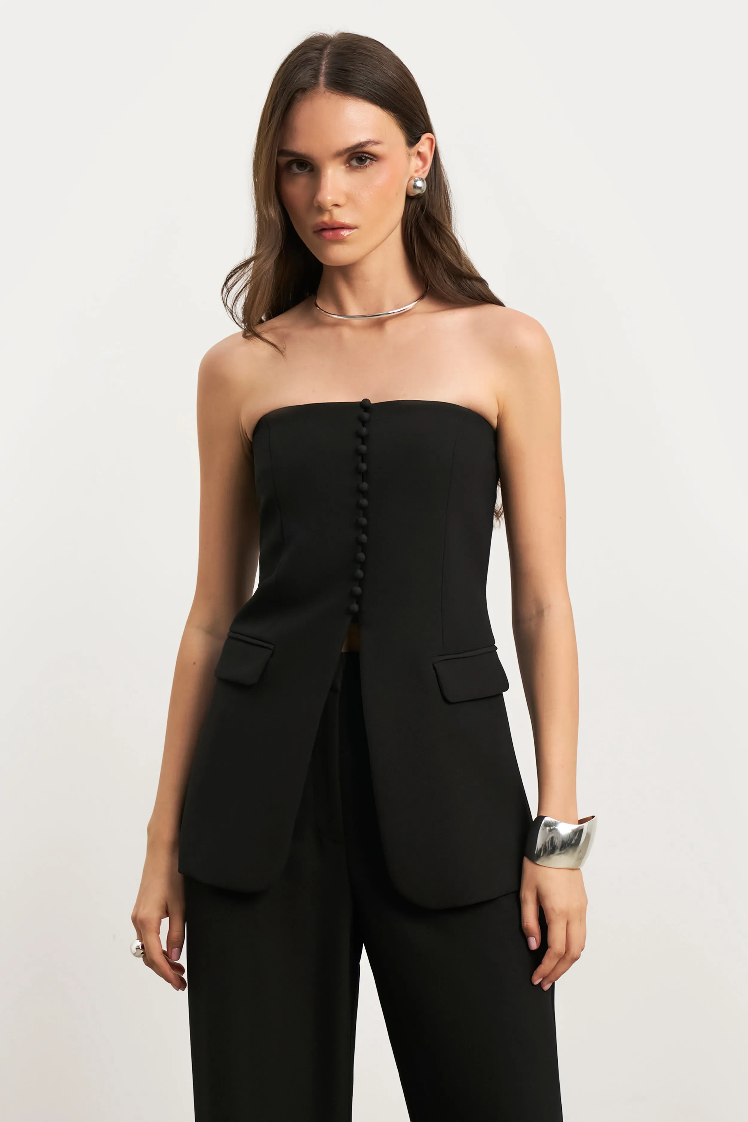 RecycledPolyester Contrast Stitch Strapless Peplum Bodice - Black