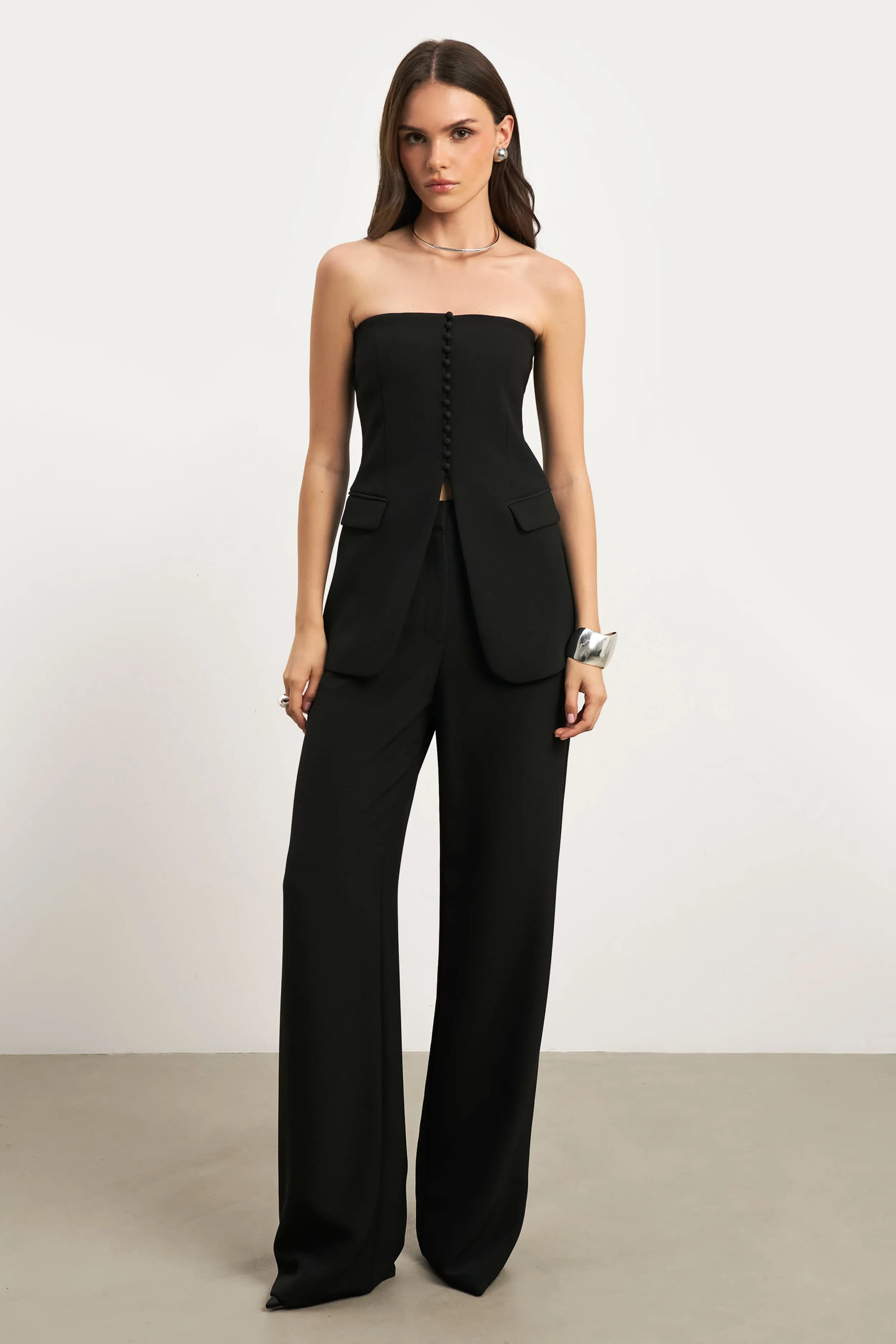 Strapless Peplum Bodice - Black Textured Weave Fitted Blouse