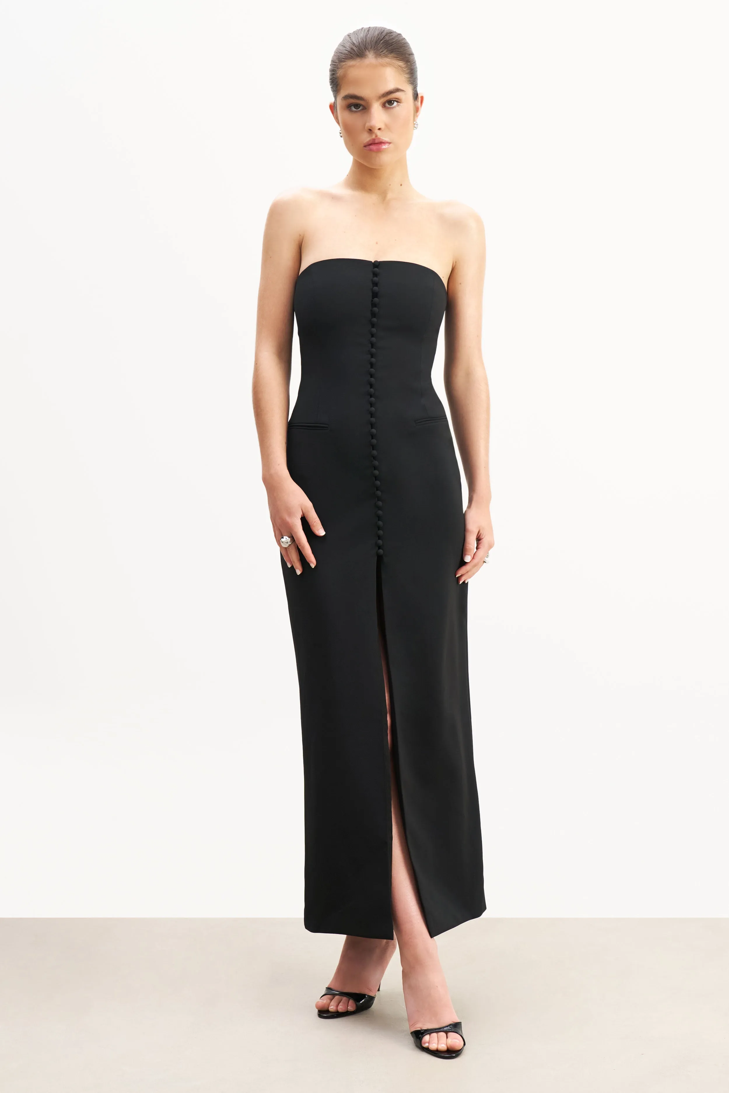 Strapless Peplum Maxi Dress - Black Draped Silhouette