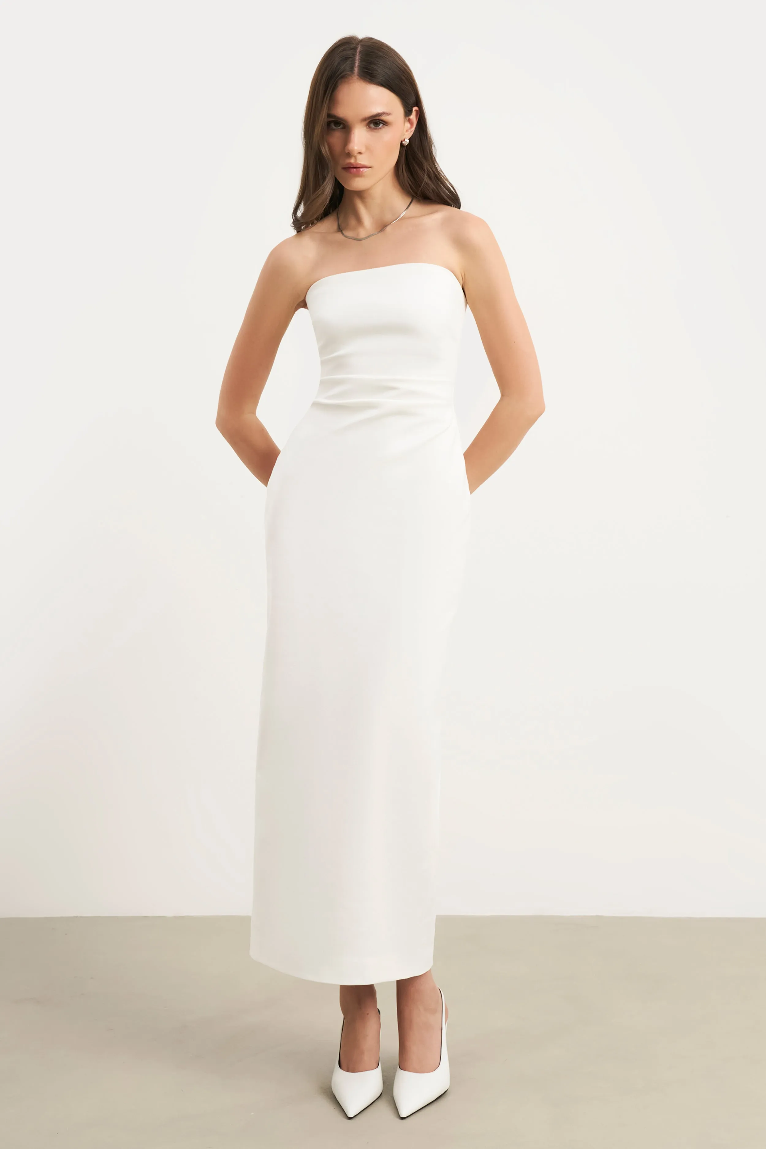 Strapless Ruched Midaxi Dress - White Fall Piece