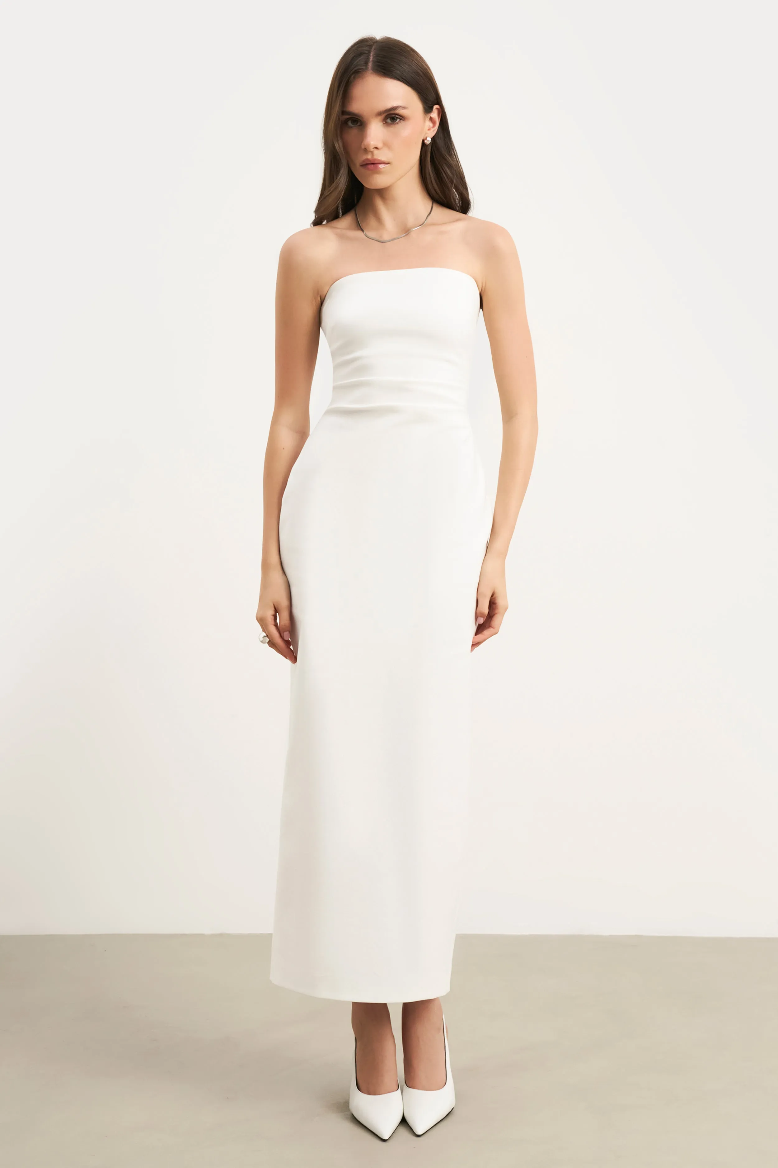 Strapless Ruched Midaxi Dress - White Light Elegance