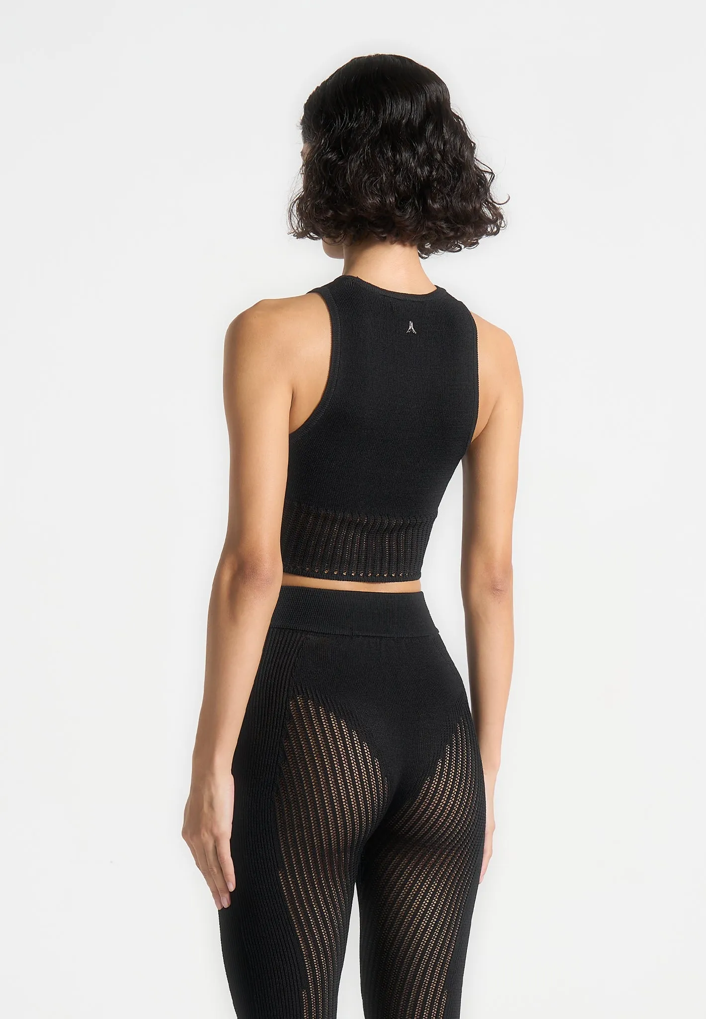 Ultra Soft Texture Laser Cut Edges Knitted Contour Crop Top - Black