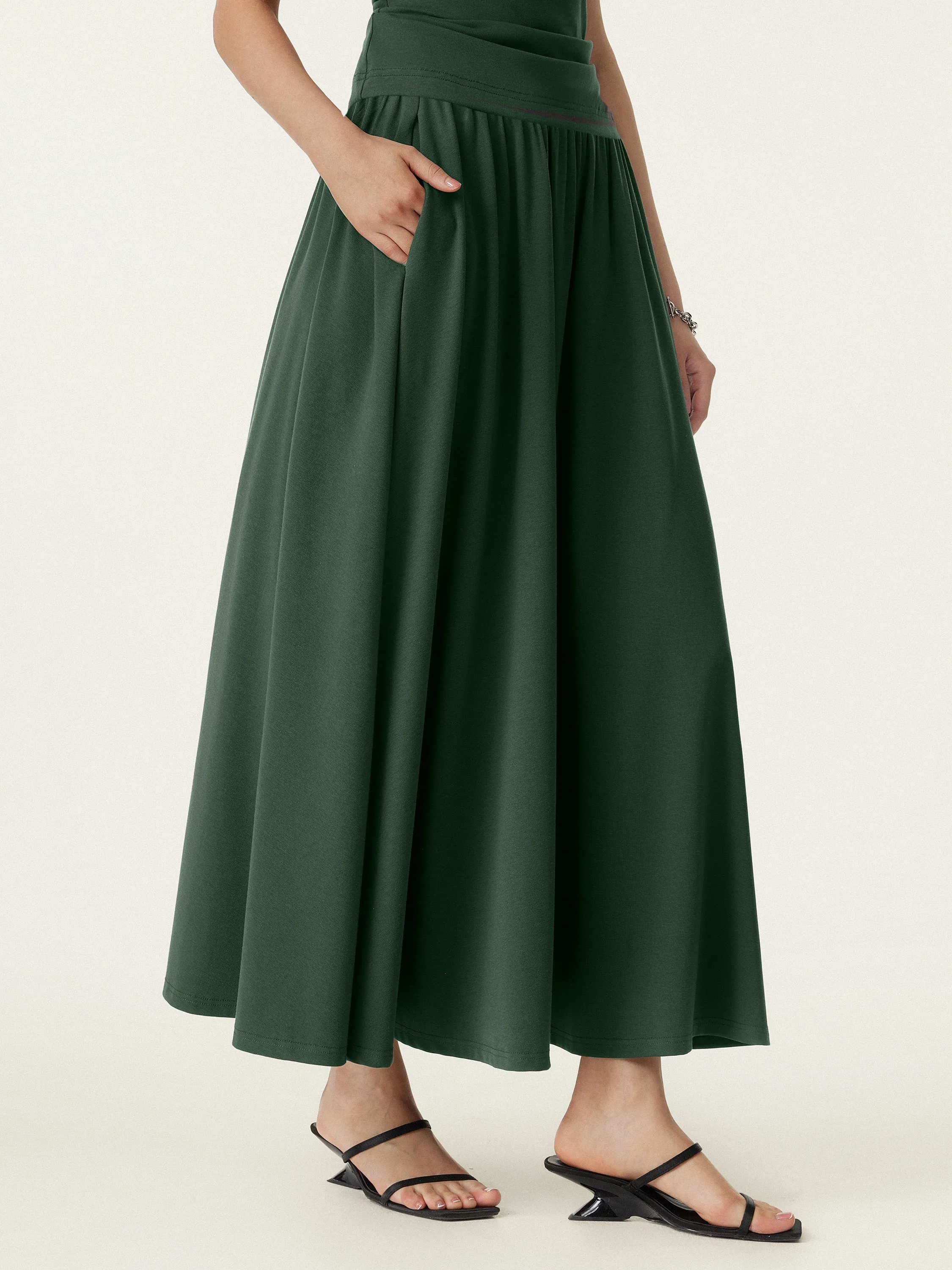 Smooth zipper closure Day To Night Stretch Cotton Maxi Umbrella Skirt with Pockets