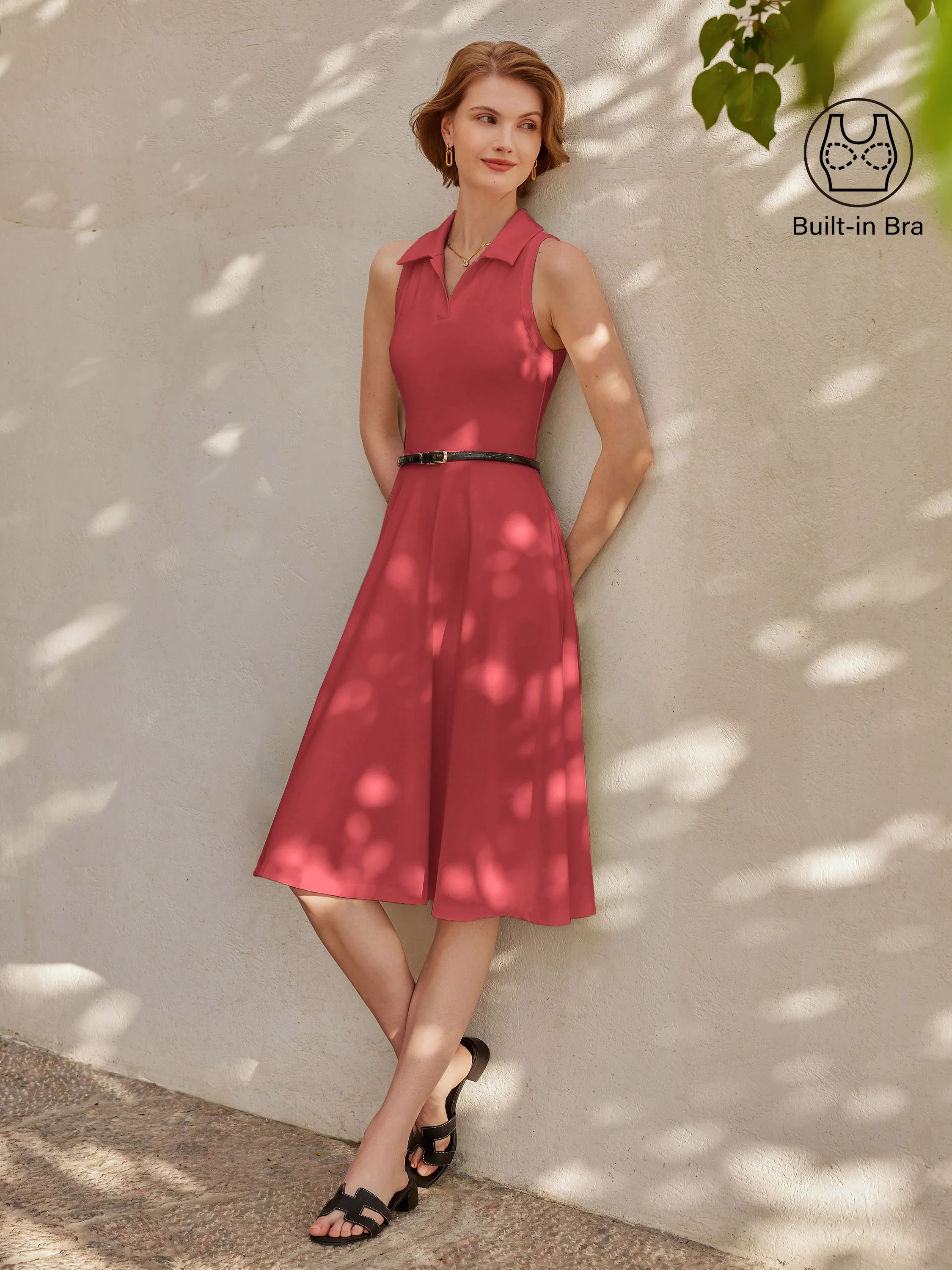 Easy Tones Everyday Wear Stretch Cotton Polo Neck Fit-and-flare Midi Brami Dress with Pockets