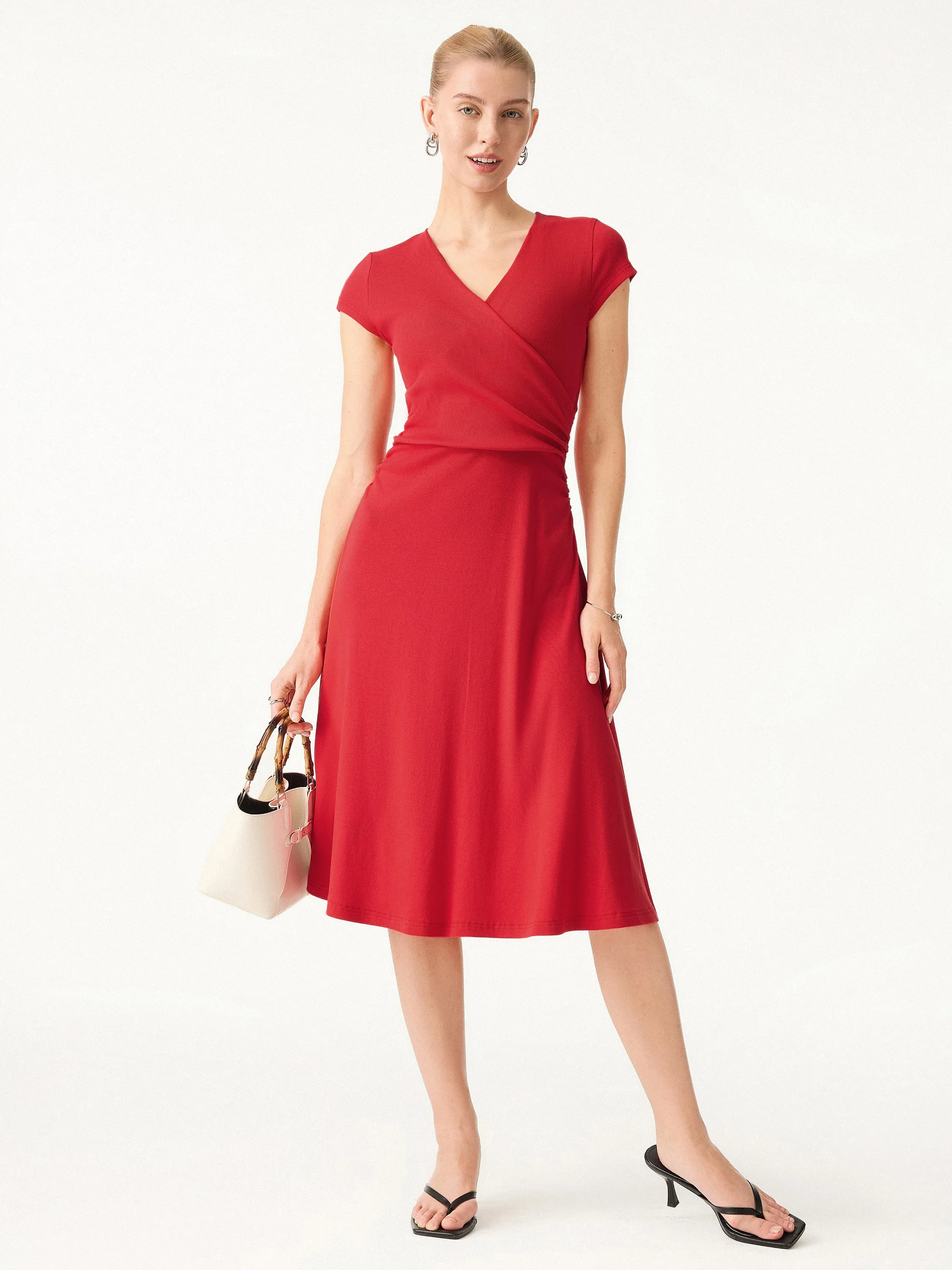 Casual Comfort Wear Stretch Cotton Surplice V-neck Cap Sleeve Midi Dress