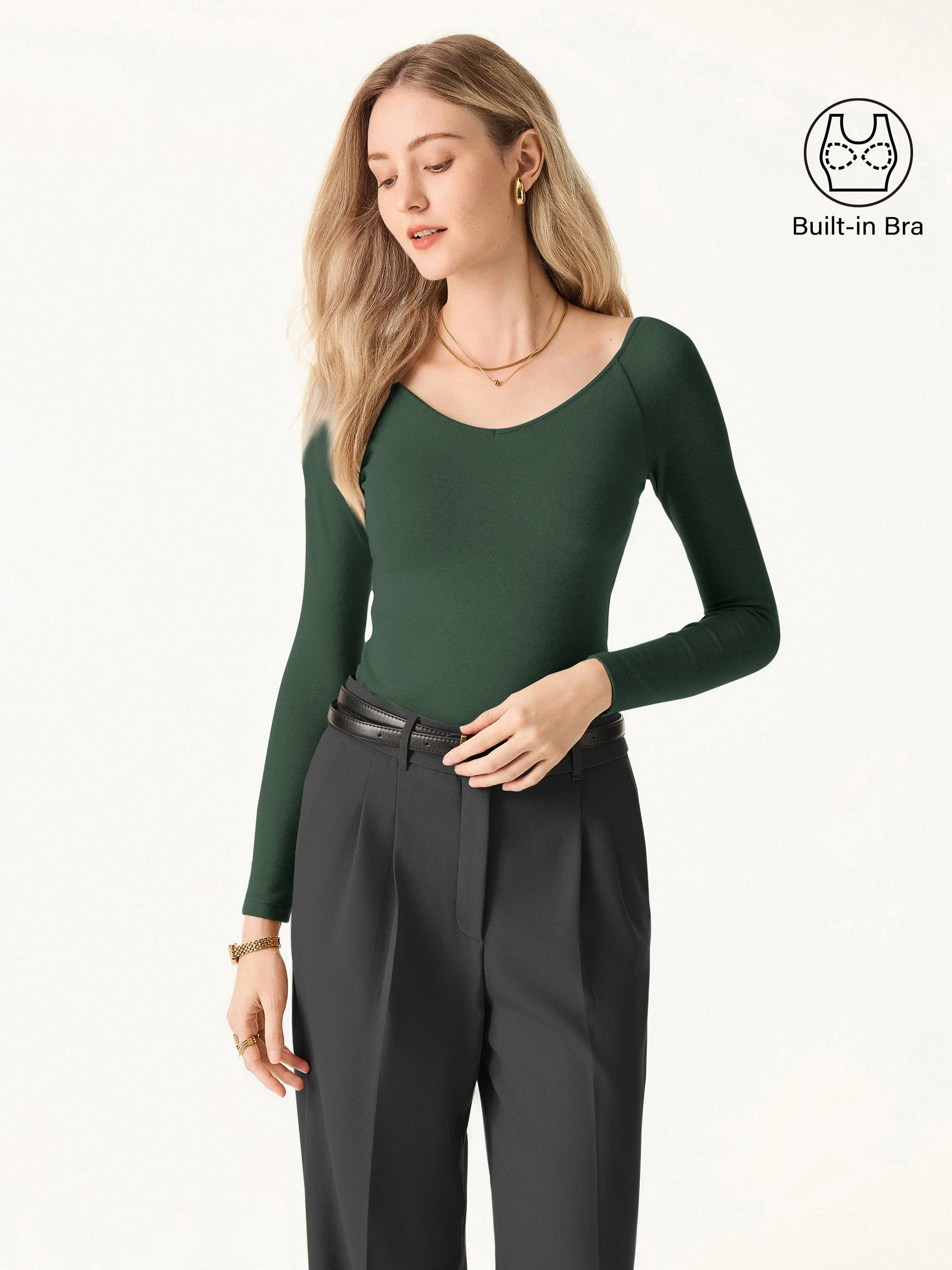 AllDayComfort Soft Touch Feel Stretch Cotton V-Neck Long Sleeve Brami Top