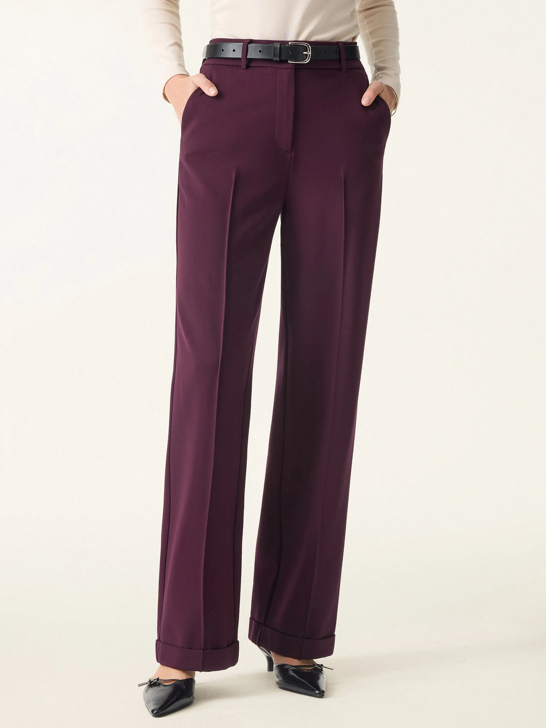 Stretch Ponte High Rise Straight Leg Pintuck Trousers NoiseReducingFabric