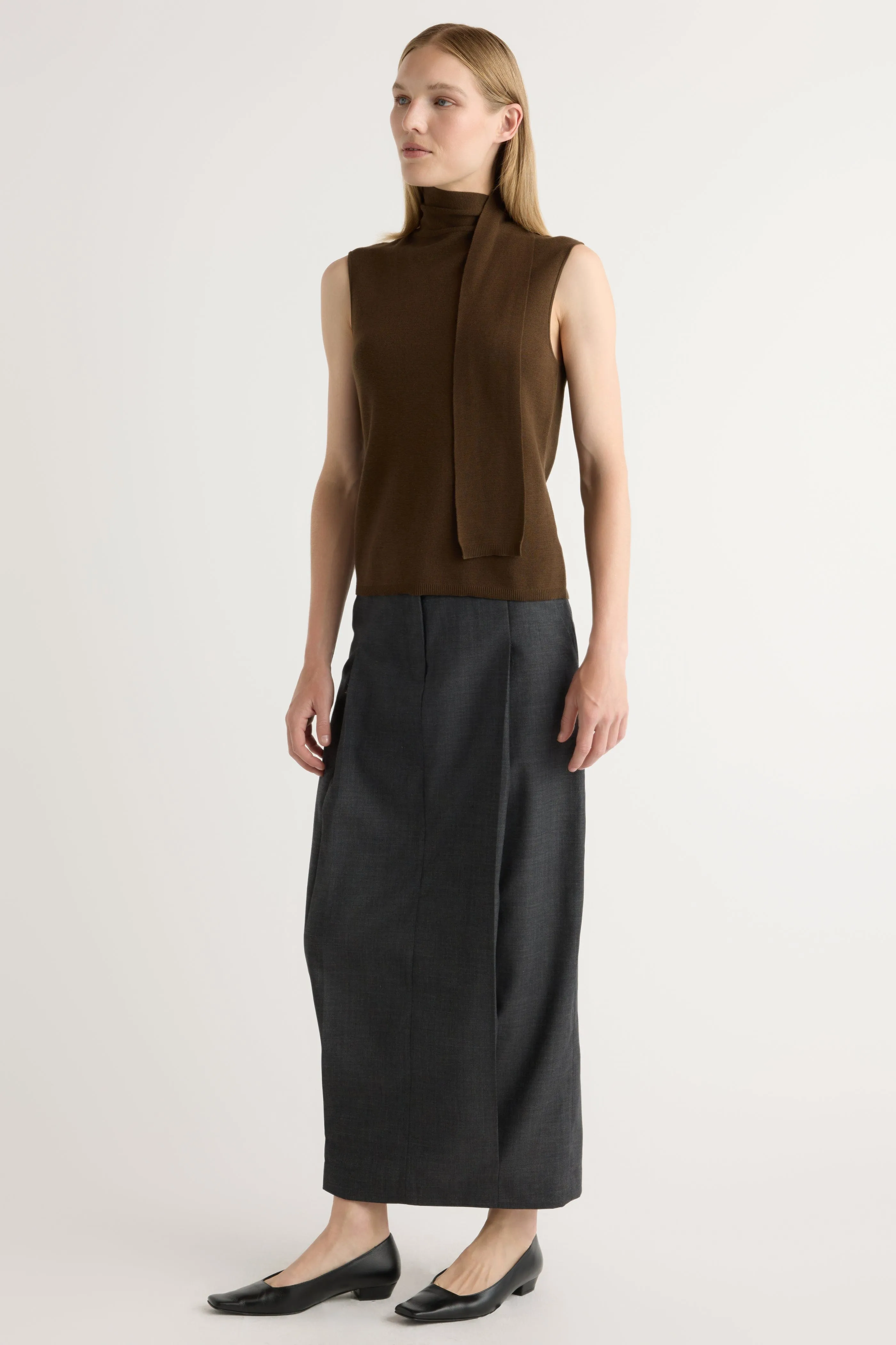 Double Stitched Hem Flexible Ribbing Demi Scarf-Neck Cotton-Silk Knit Top