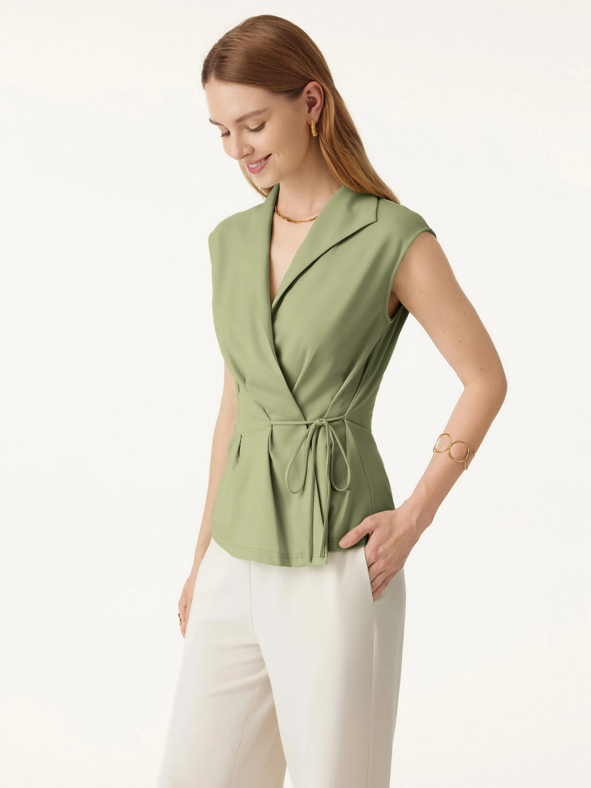 Minimalist Styling Icy Ponte Flap Collar Surplice Sleeveless Top with Drawstring Tie