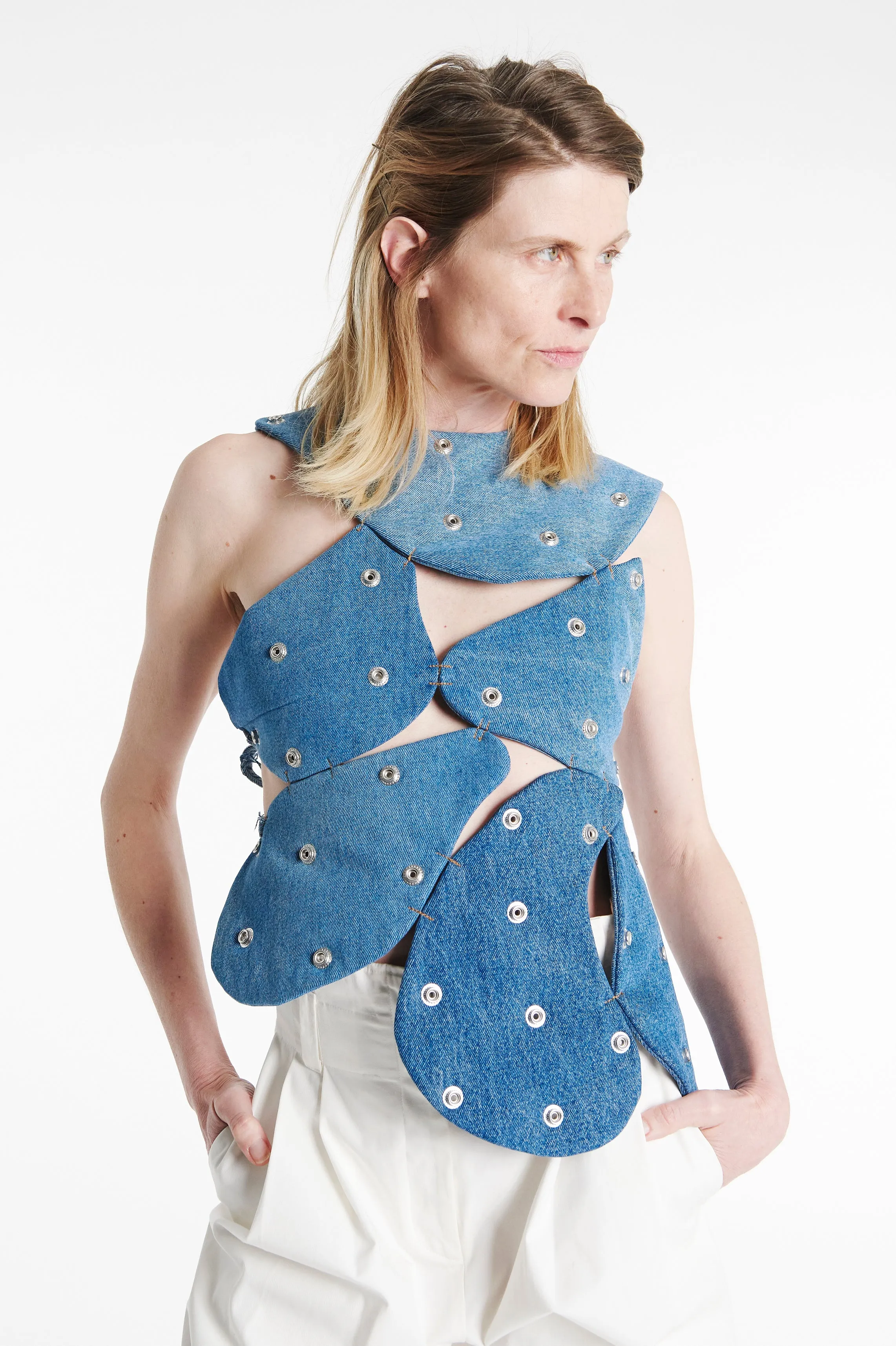 Studded Upcycled Denim Island Top Blue Denim DoubleStitchedSeams Activewear Top