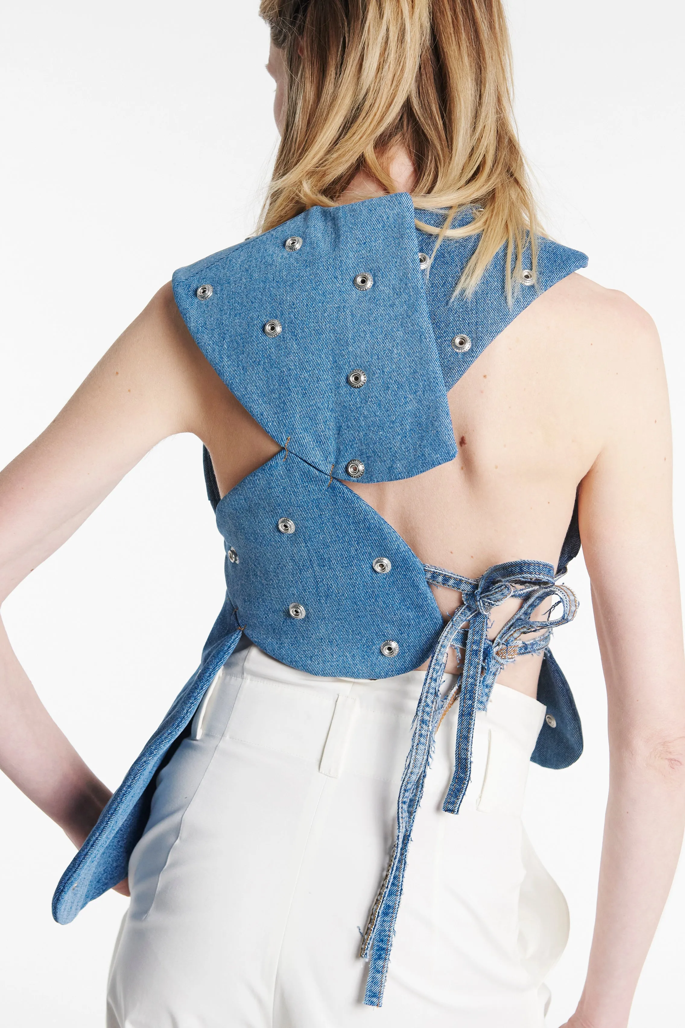 Cool Weather Studded Upcycled Denim Island Top Blue Denim