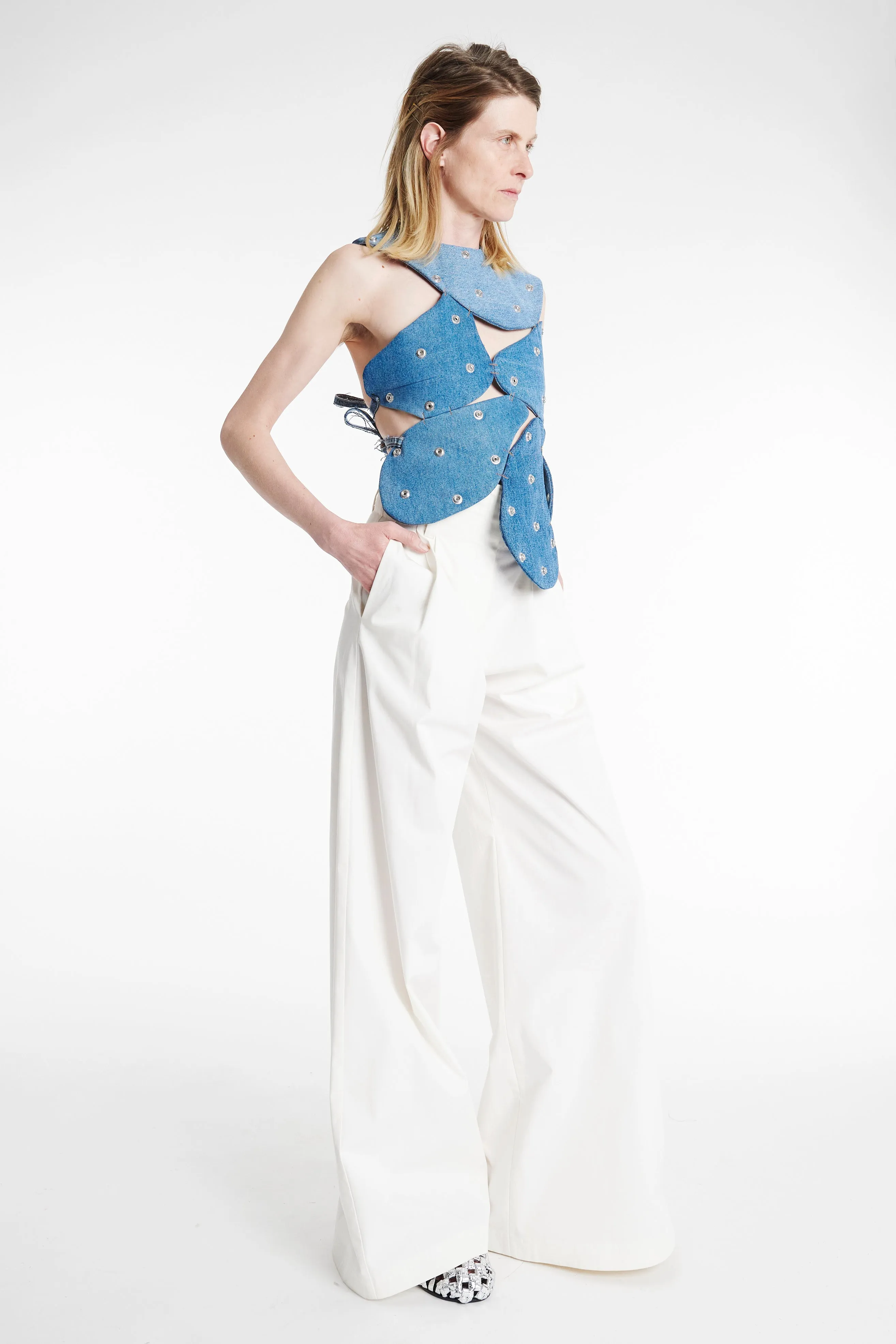 Fashionable Tank Studded Upcycled Denim Island Top Blue Denim