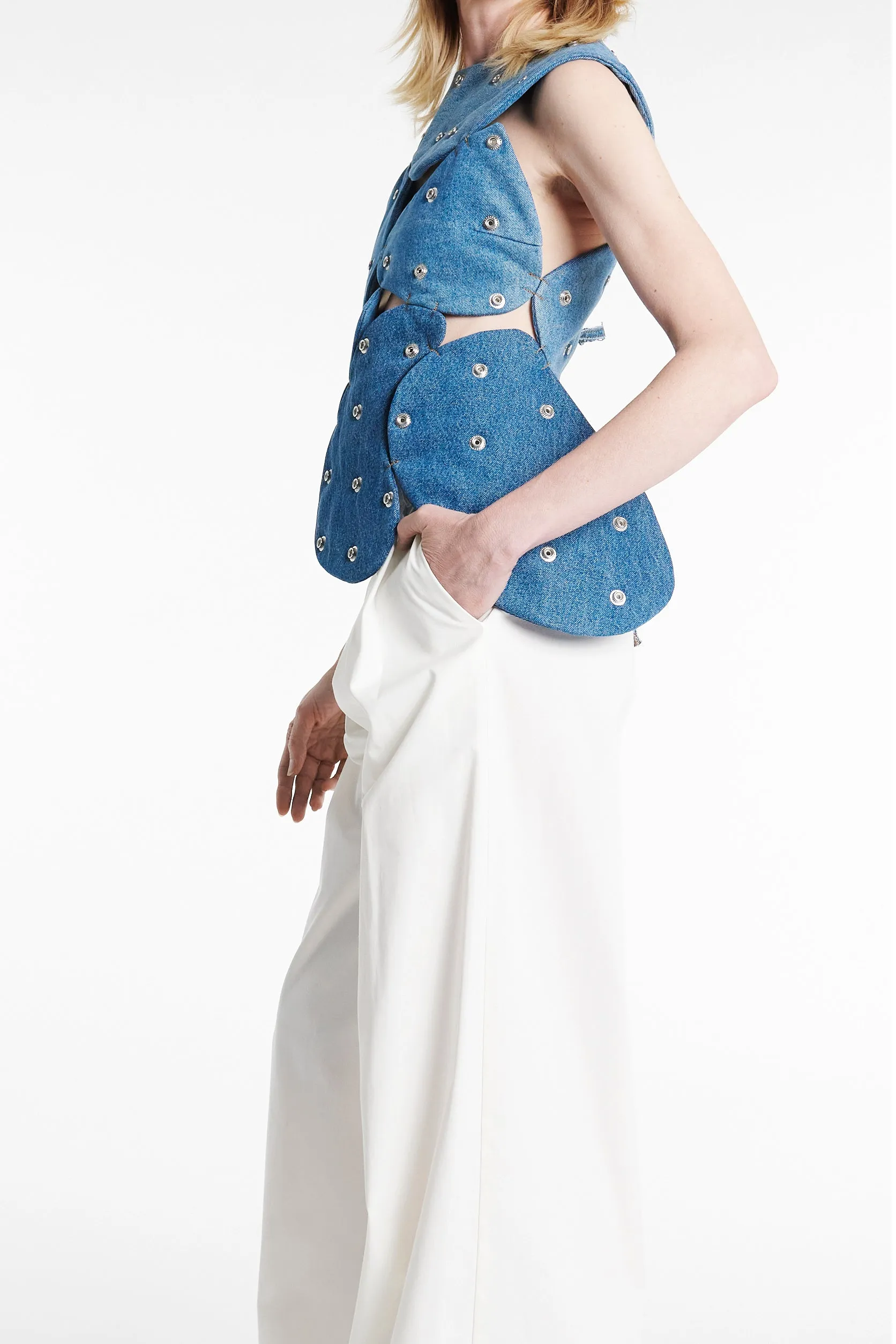 Studded Upcycled Denim Island Top Blue Denim Non Restrictive Mobility