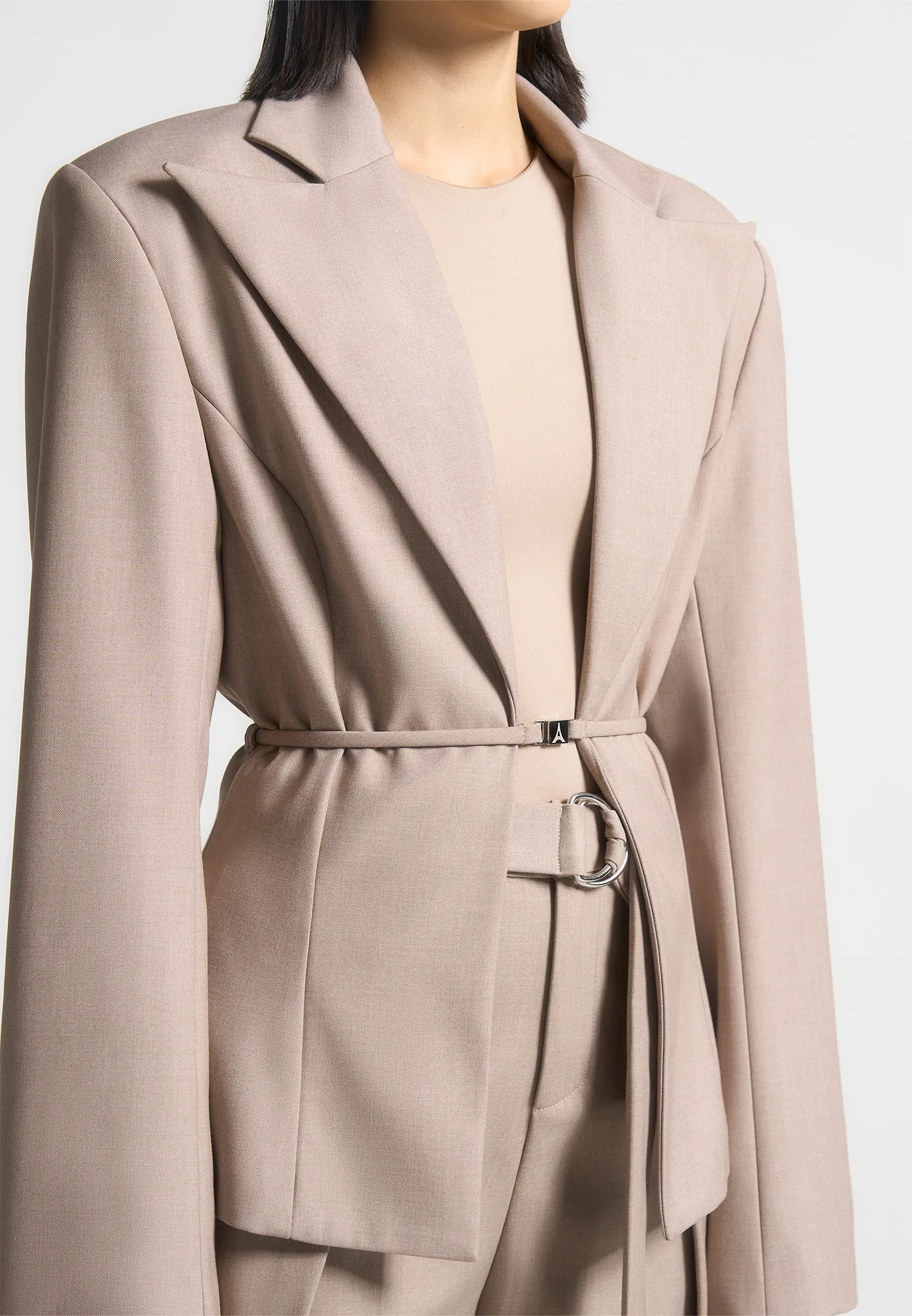 Formal Wear Trendy Wear Wide Shoulder Tailored Blazer with Twin Belt - Taupe