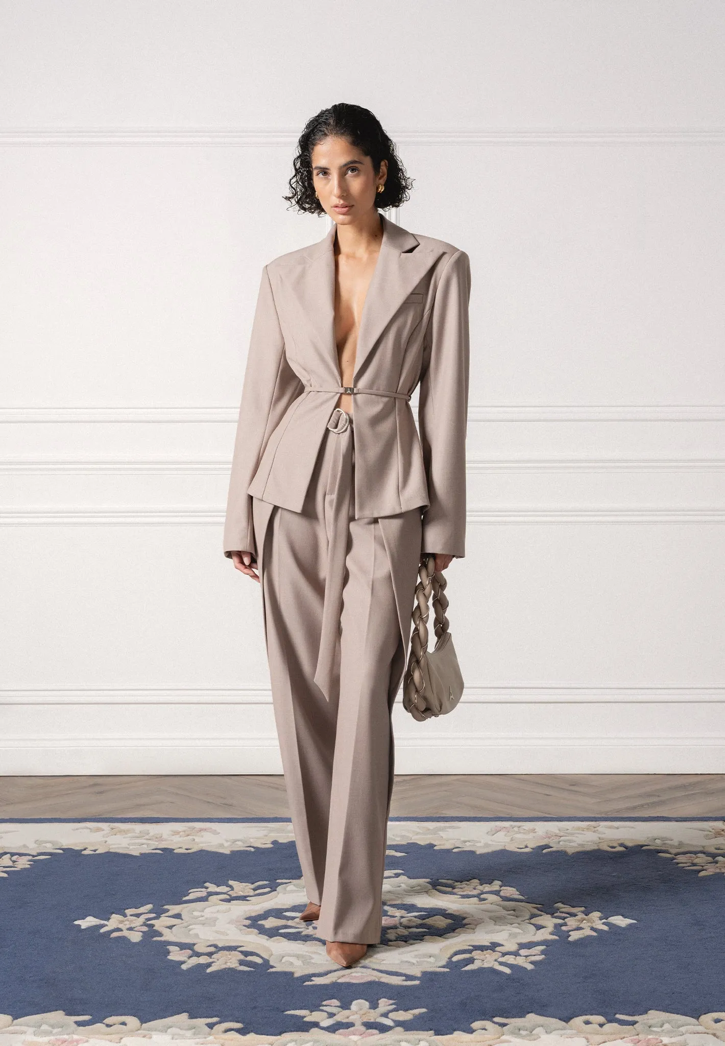 Polished Comfort Contemporary Wear Wide Shoulder Tailored Blazer with Twin Belt - Taupe