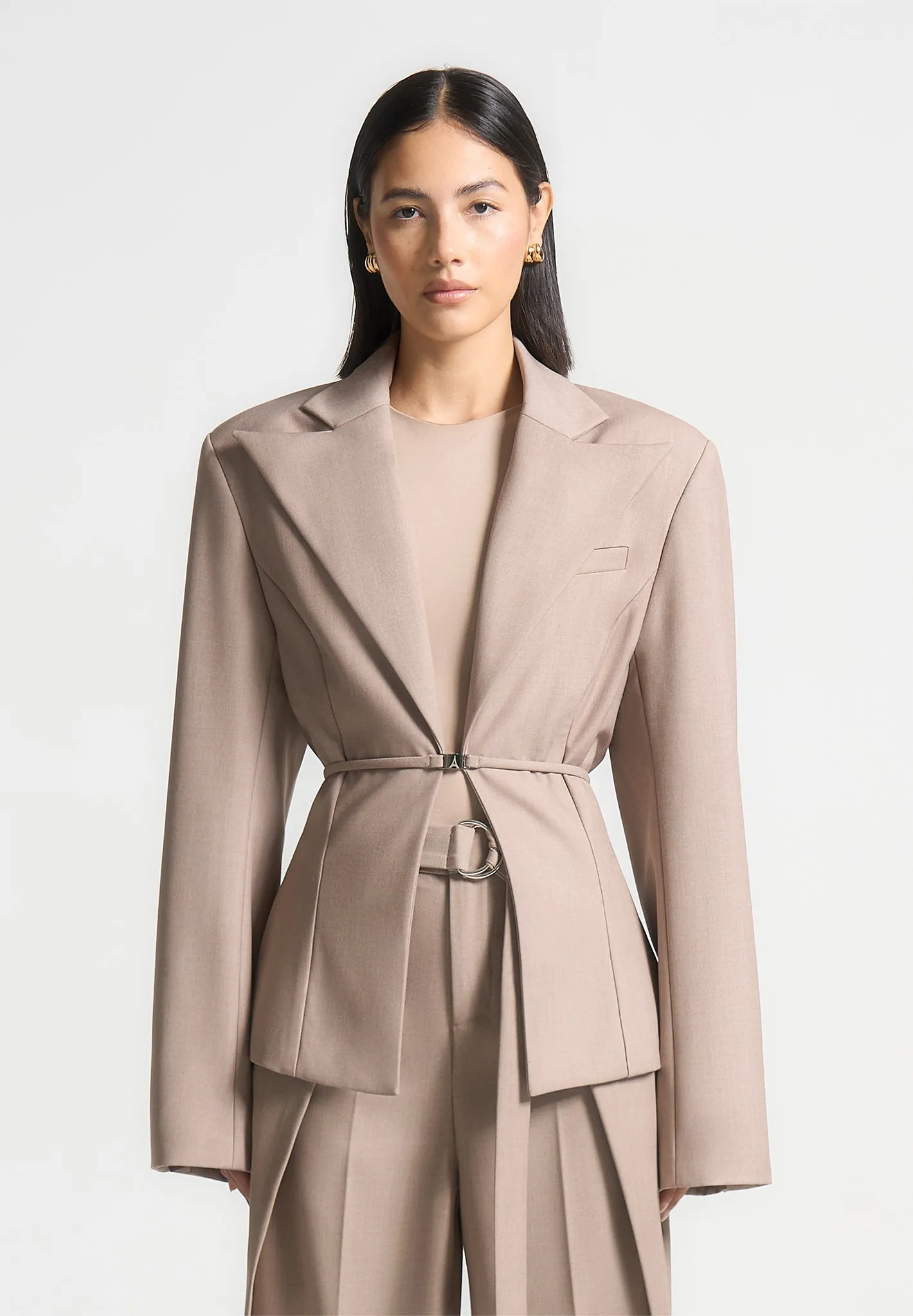 Elegant Layers Modern Color Palette Wide Shoulder Tailored Blazer with Twin Belt - Taupe
