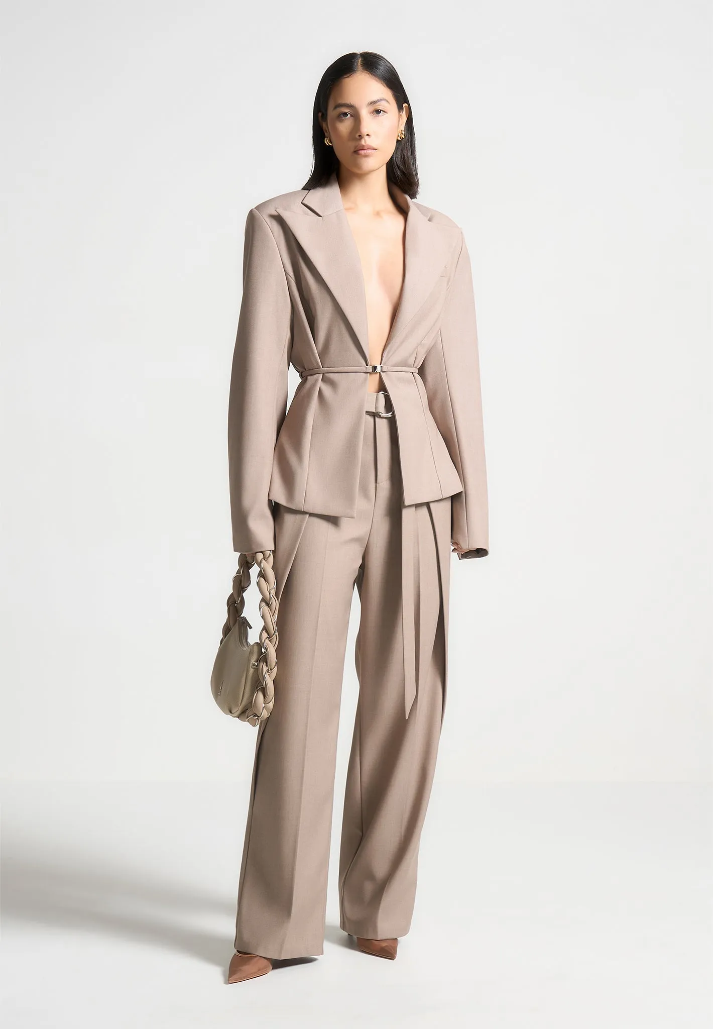 Flawless Fit Wide Shoulder Tailored Blazer with Twin Belt - Taupe