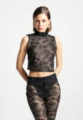 Embellished Lace Open Back Top - Black Light Outfit