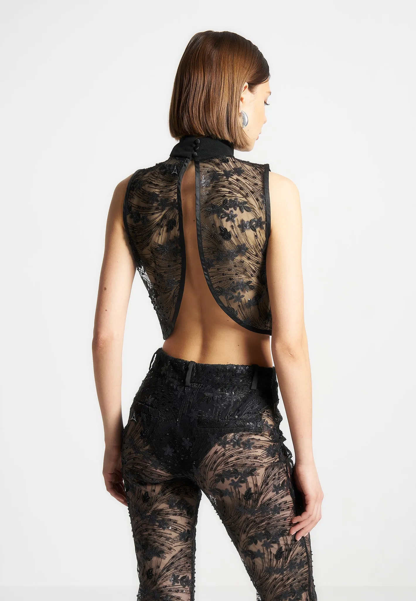 Sleek Layer Embellished Lace Open Back Top - Black