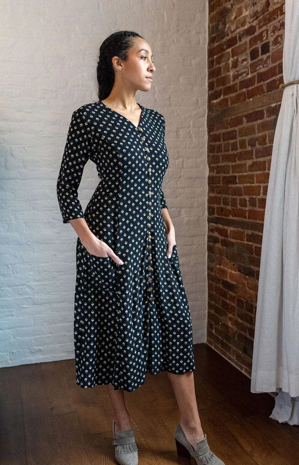 Fiona Dress in Black Floral Crepe Sleek and Flattering Gender Fluid