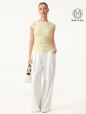 Durable Reinforced Elbow Patches Durable Interlock Stitch Sandwashed Boatneck Cap Sleeve Ruched Brami