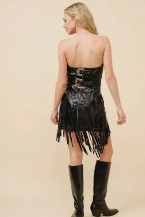 Foldable Cuff Design WideNeckline Dakota Fringe Buckle Dress- Leather
