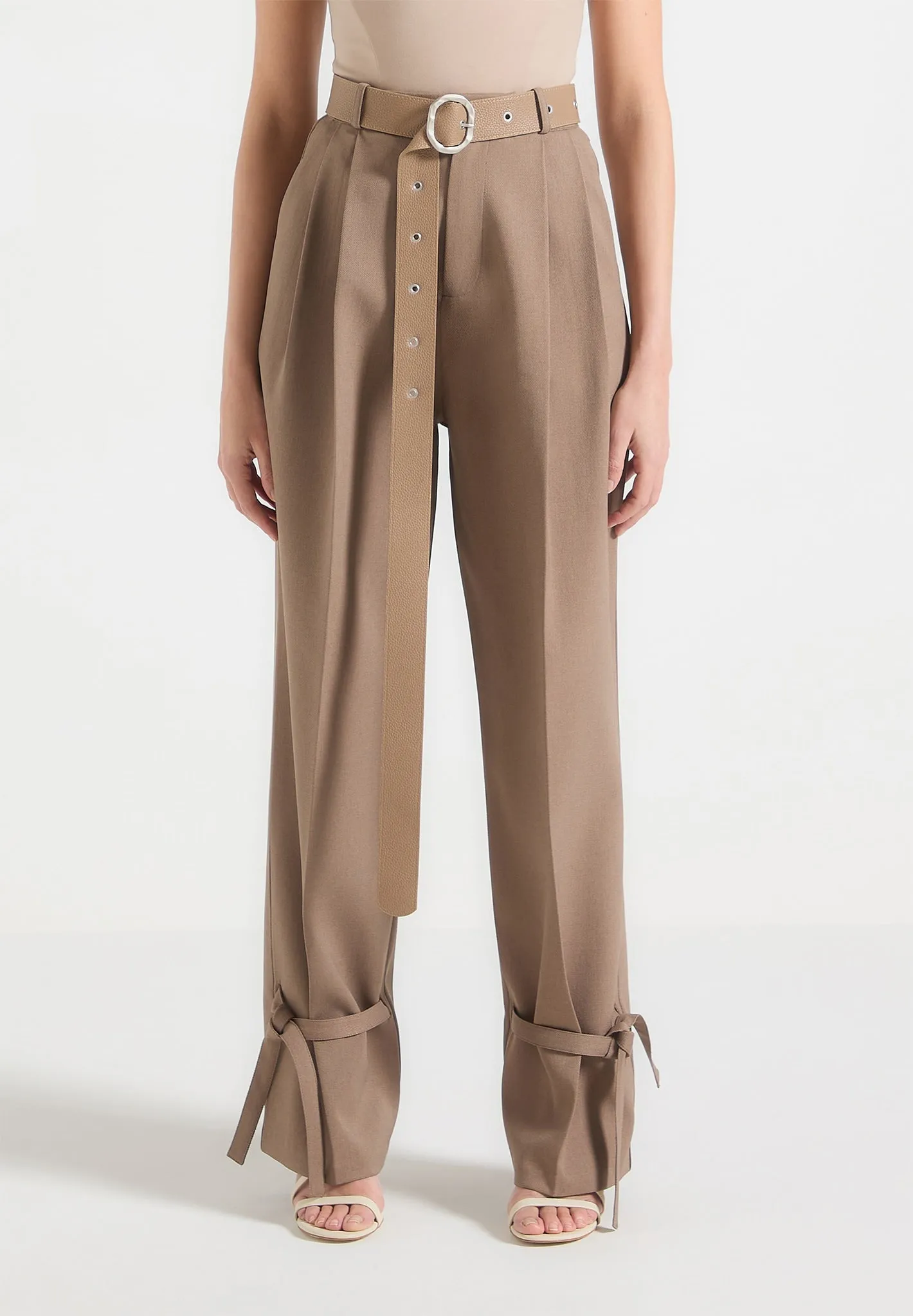 Suzanne - Tailored Trousers with Oversized Belt and Ankle Ties - Taupe Custom Fit Tailored Work Fit