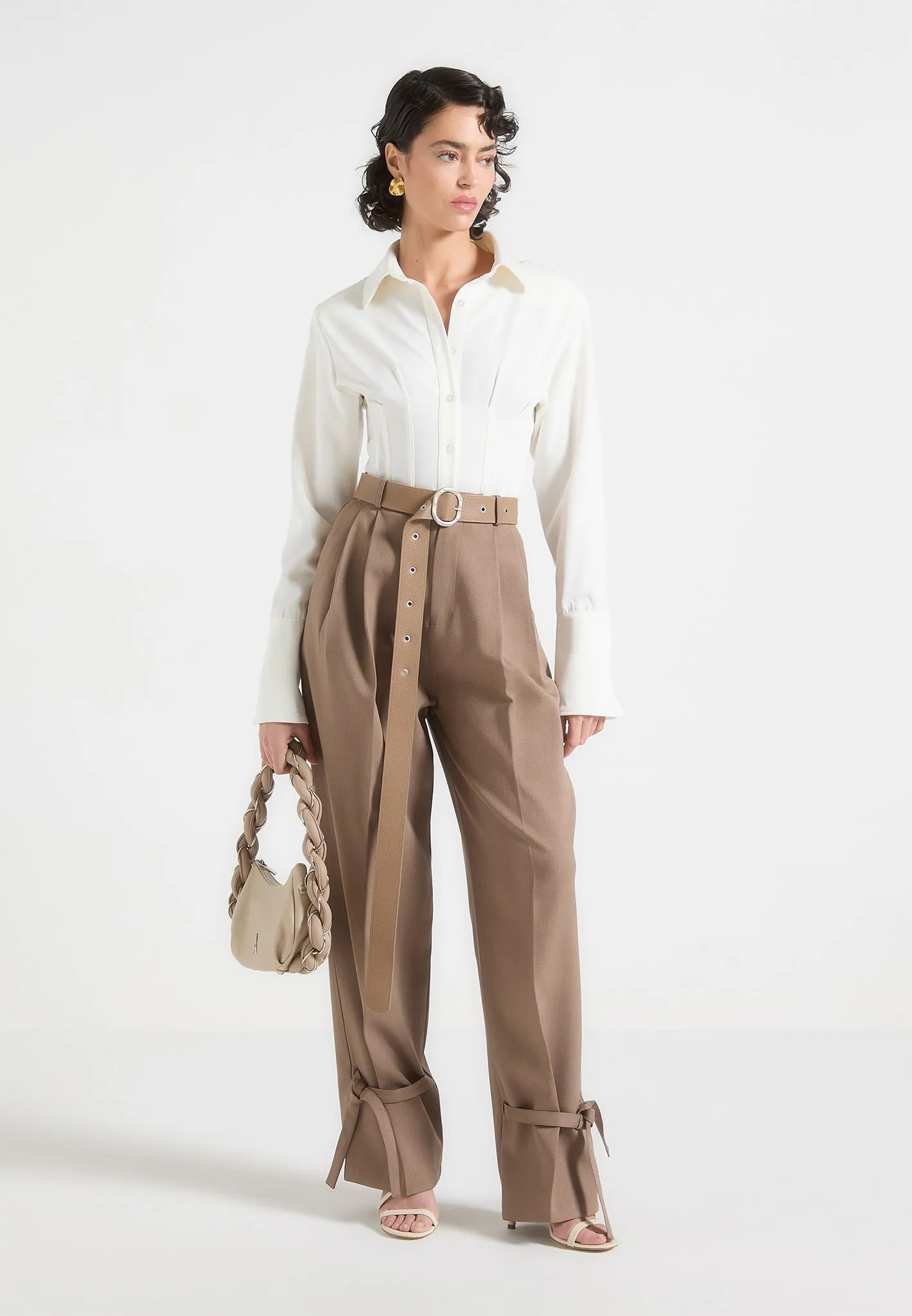 Suzanne - Tailored Trousers with Oversized Belt and Ankle Ties - Taupe Sharp and Stylish Chilly Day Wear