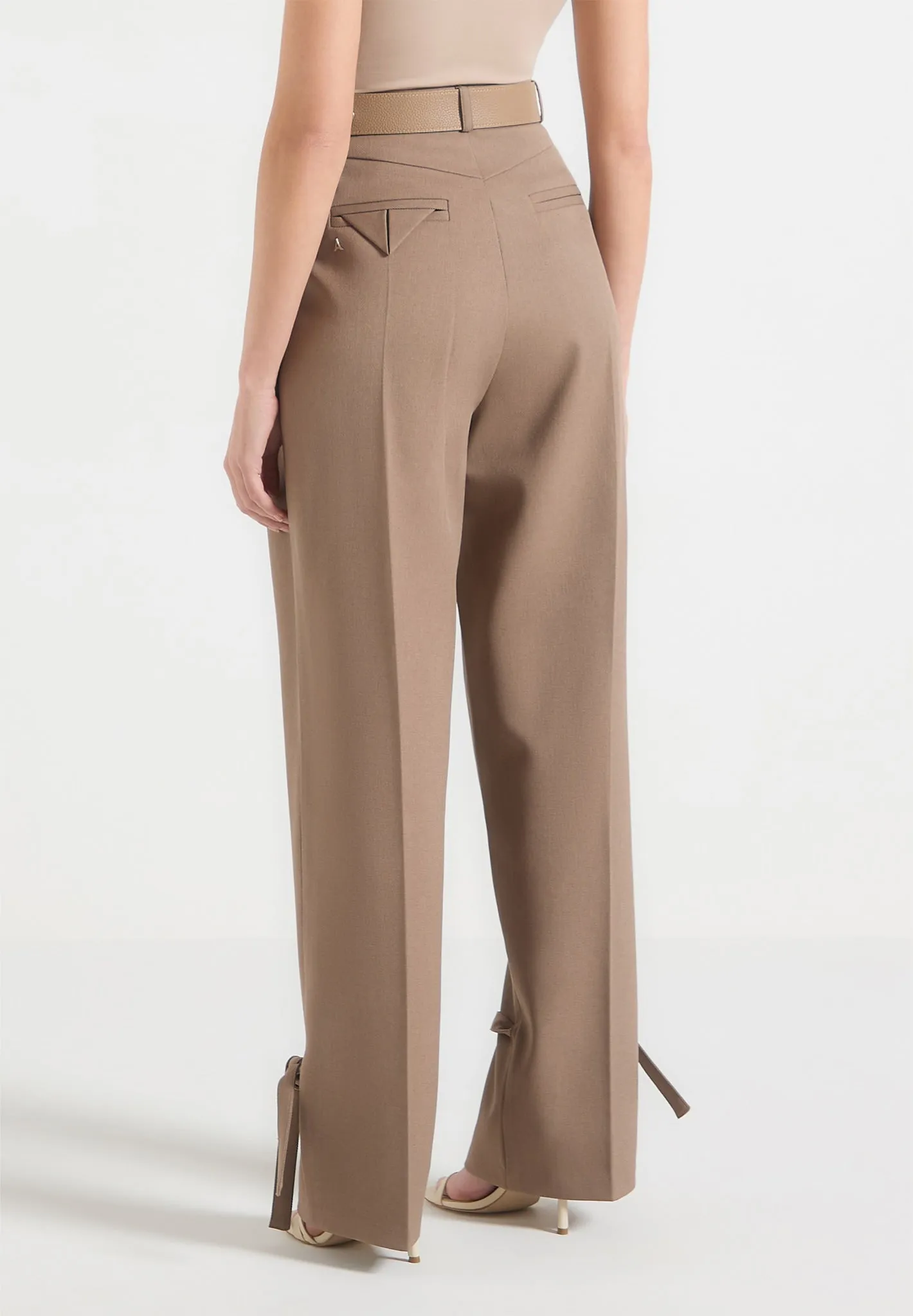 Suzanne - Tailored Trousers with Oversized Belt and Ankle Ties - Taupe Relaxed Fit Sleek Layer