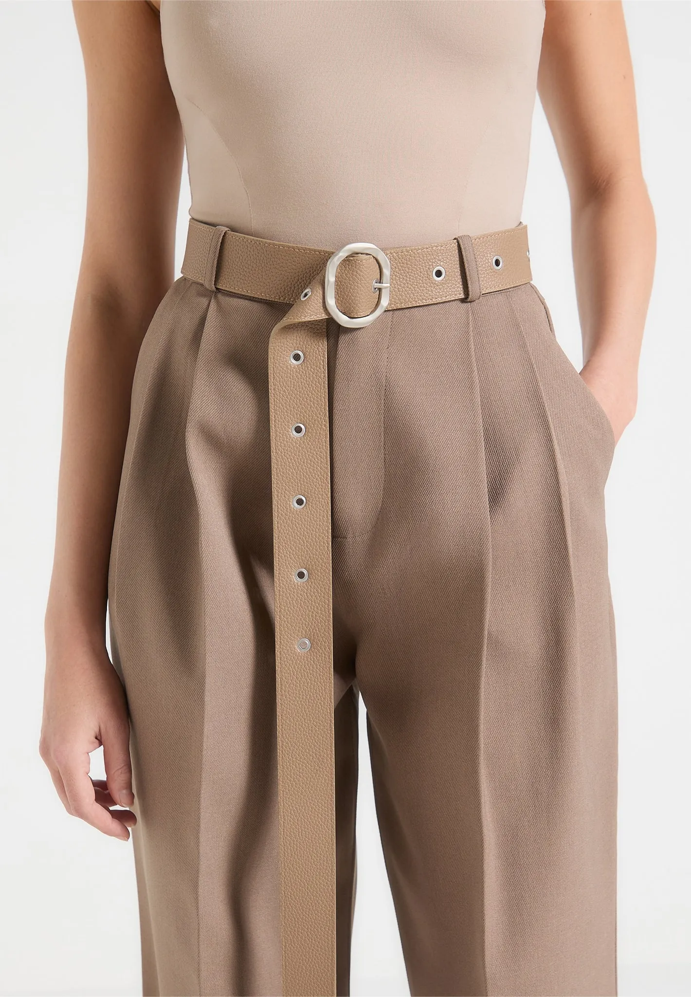 Refined Look Wear Crisp Design Suzanne - Tailored Trousers with Oversized Belt and Ankle Ties - Taupe
