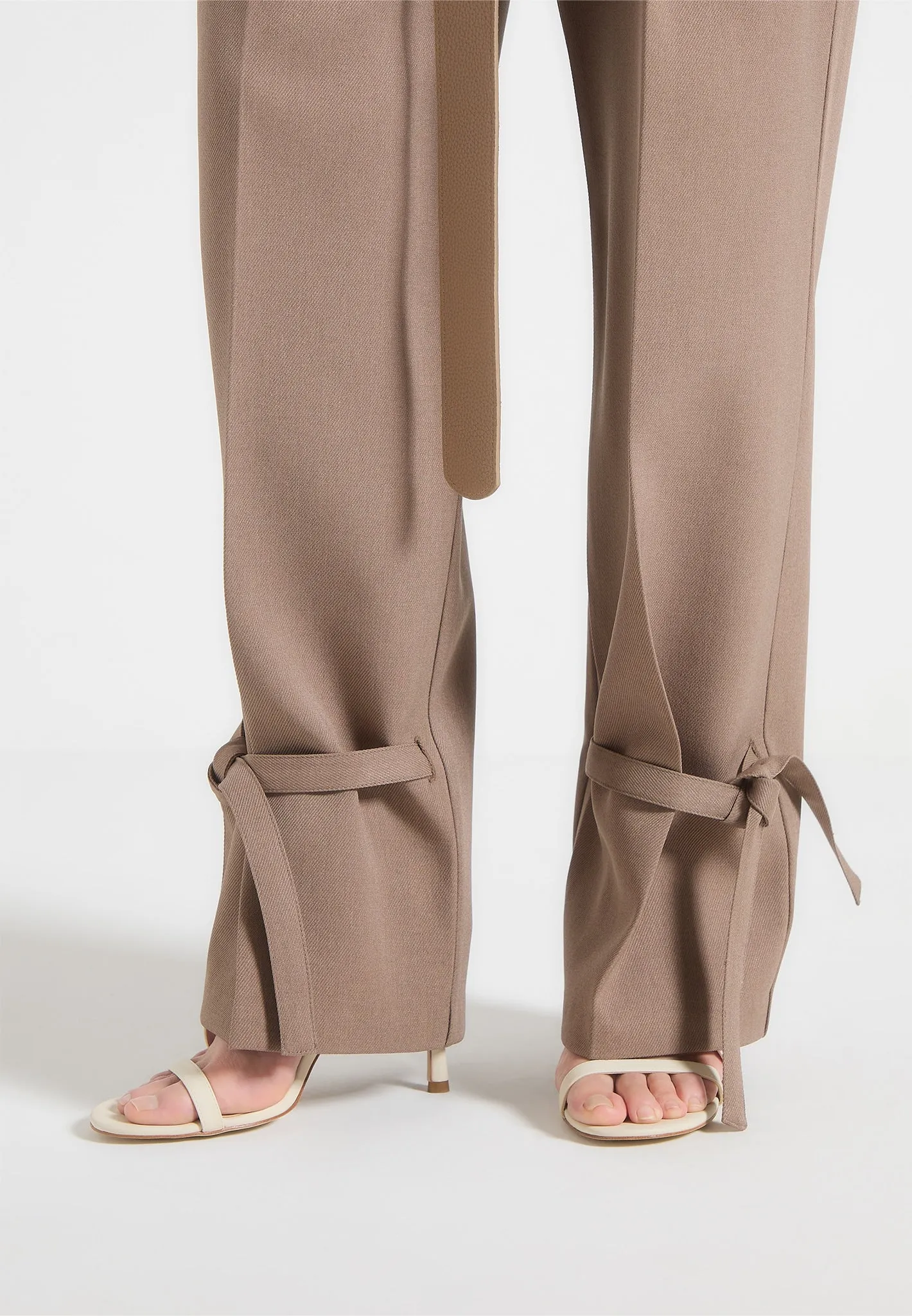 Suzanne - Tailored Trousers with Oversized Belt and Ankle Ties - Taupe Chic Fit