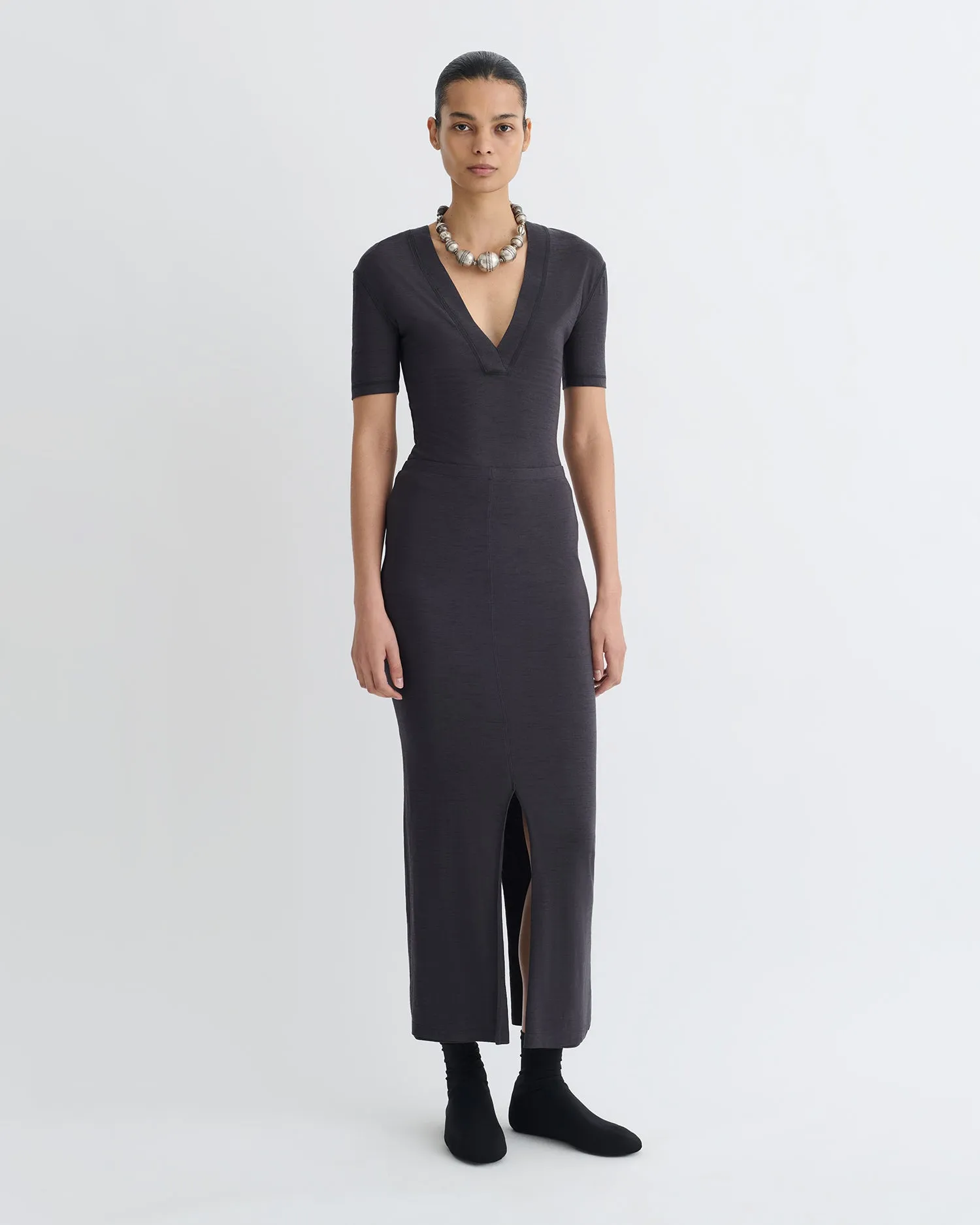 Reinforced Neckline Detail AntiStaticFinish Akka - Wool Jersey Henley Top - Grey