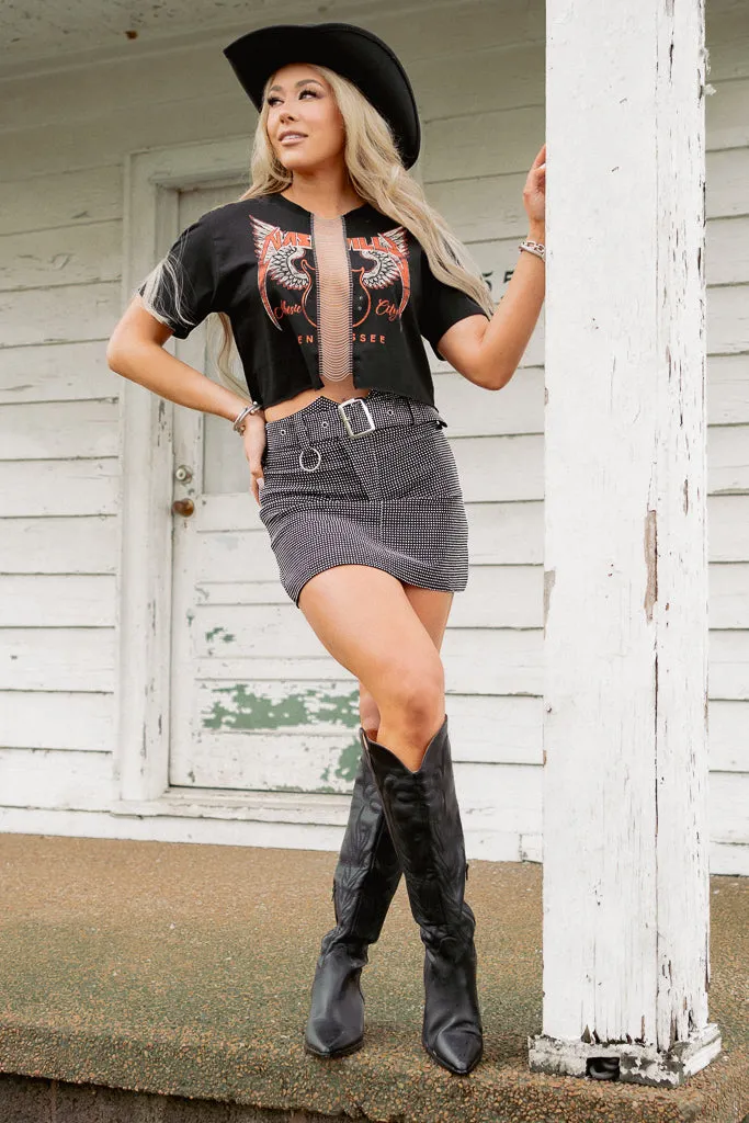 Roll Up Sleeve Design Glam Rhinestone Skirt - Silver