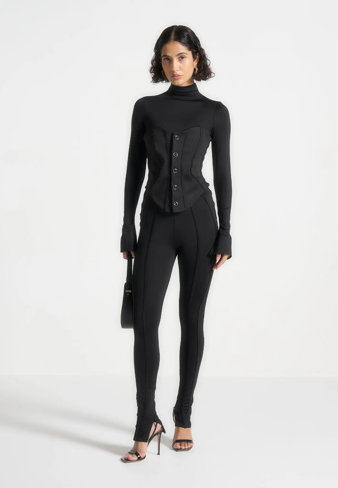 Contour Jumpsuit with Buttoned Corset - Black Buttery Soft Feel LightweightLayeredFabric