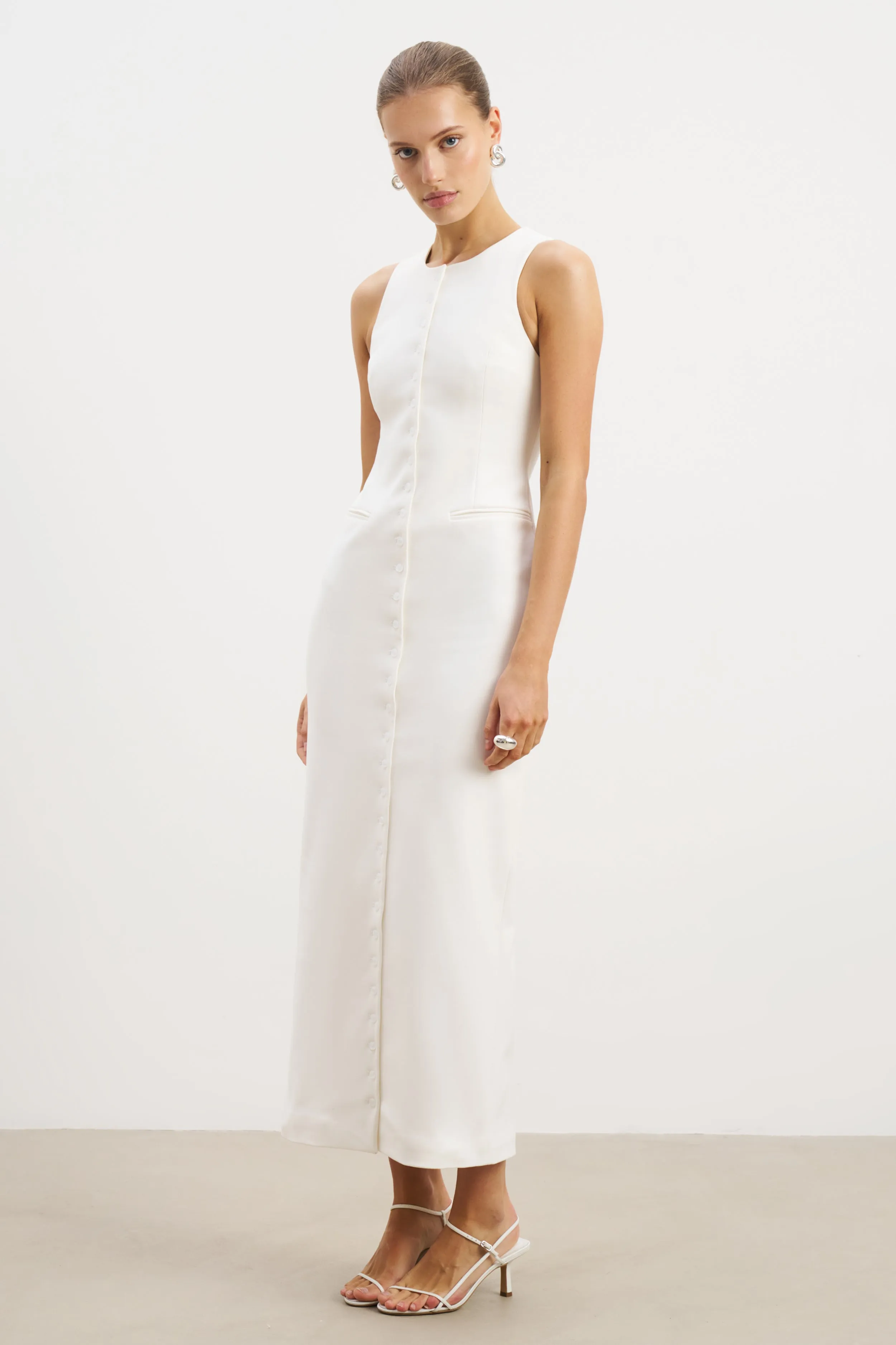 Glam Touch Tailored Button Down Maxi Dress - White