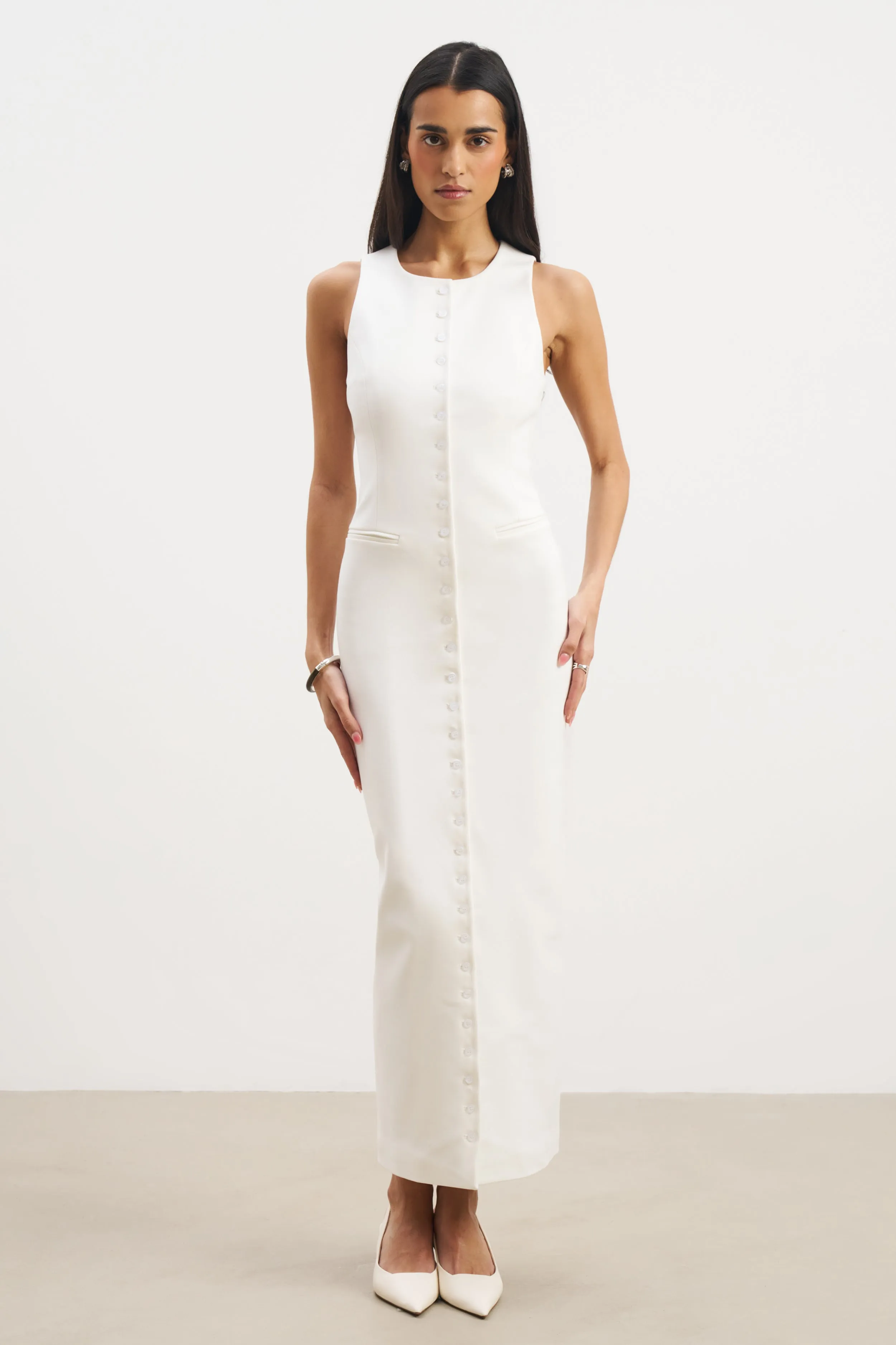 Edgy-Look Light and Breezy Tailored Button Down Maxi Dress - White