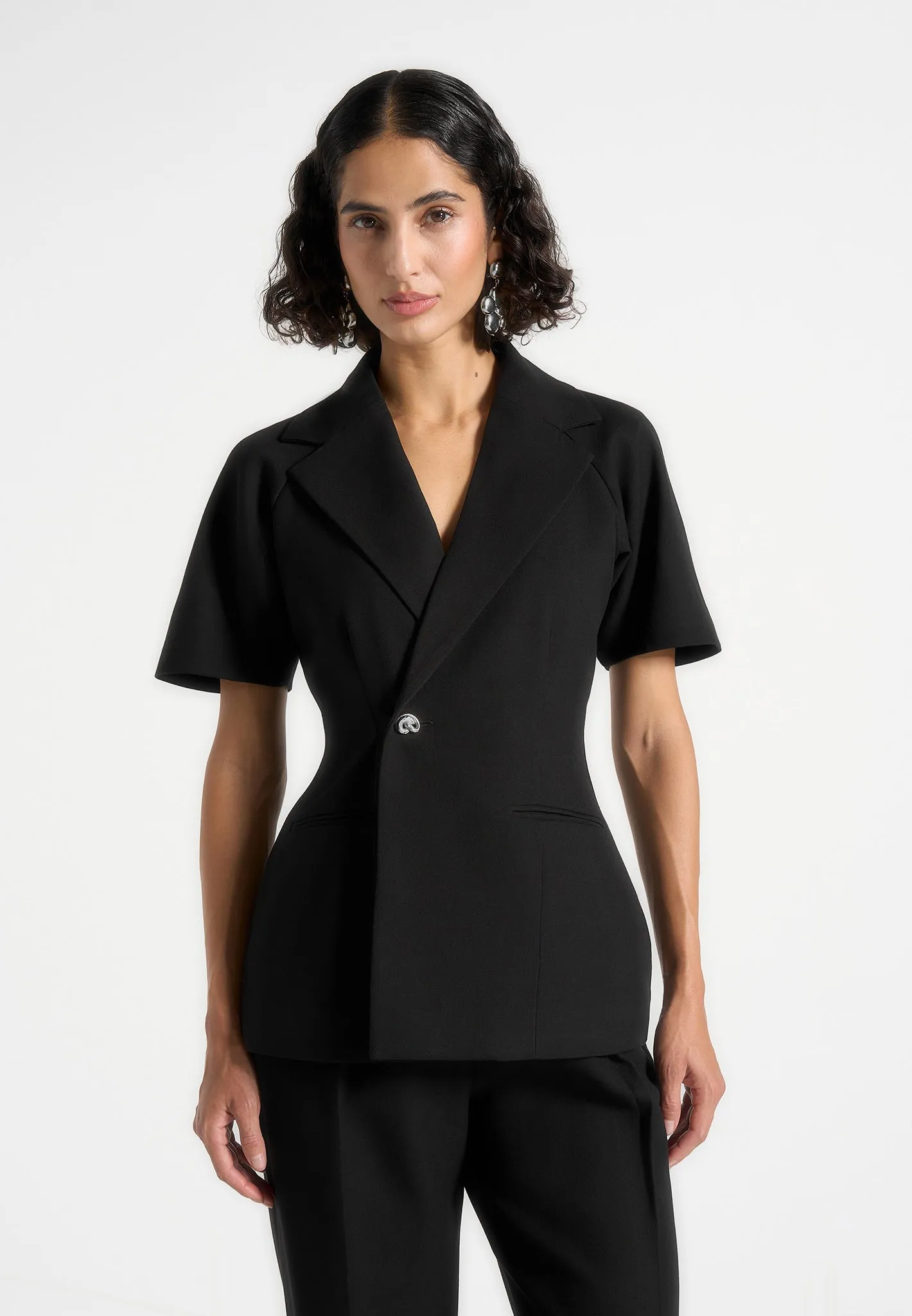 tailored office wear Premium Layer Malika - Double Breasted Short Sleeve Blazer - Black