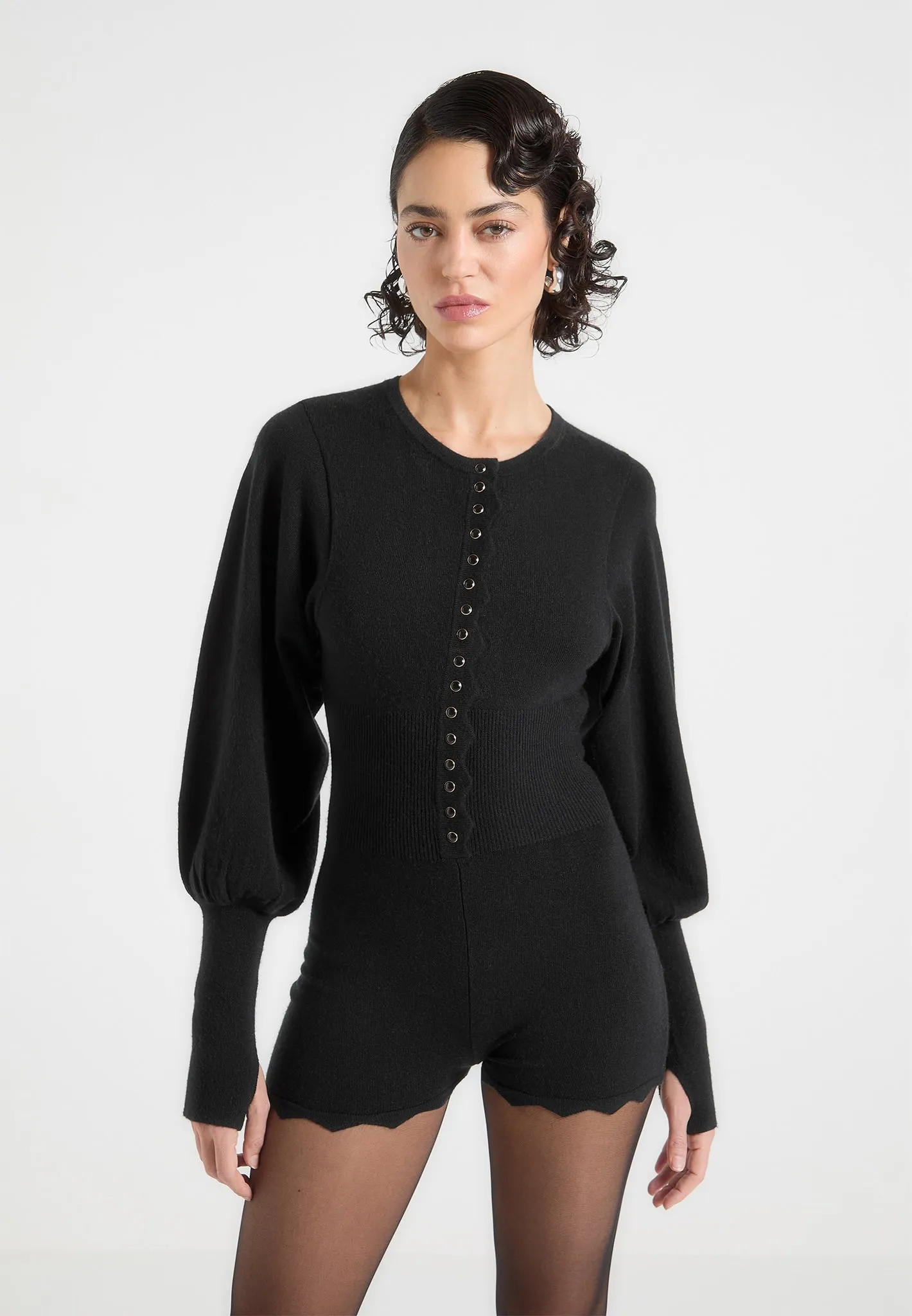 Michele - Knitted Scallop Hem Playsuit - Black Chic Sweater