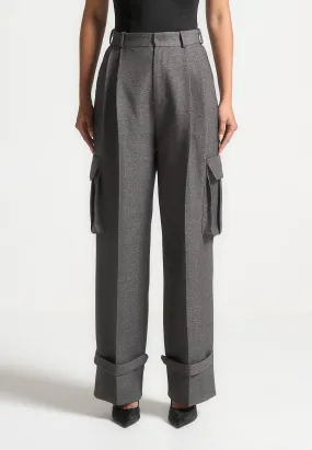 Flex Knit Back Panel Timeless Style Danielle - Textured Tailored Pleated Cargo Trousers - Grey Marl