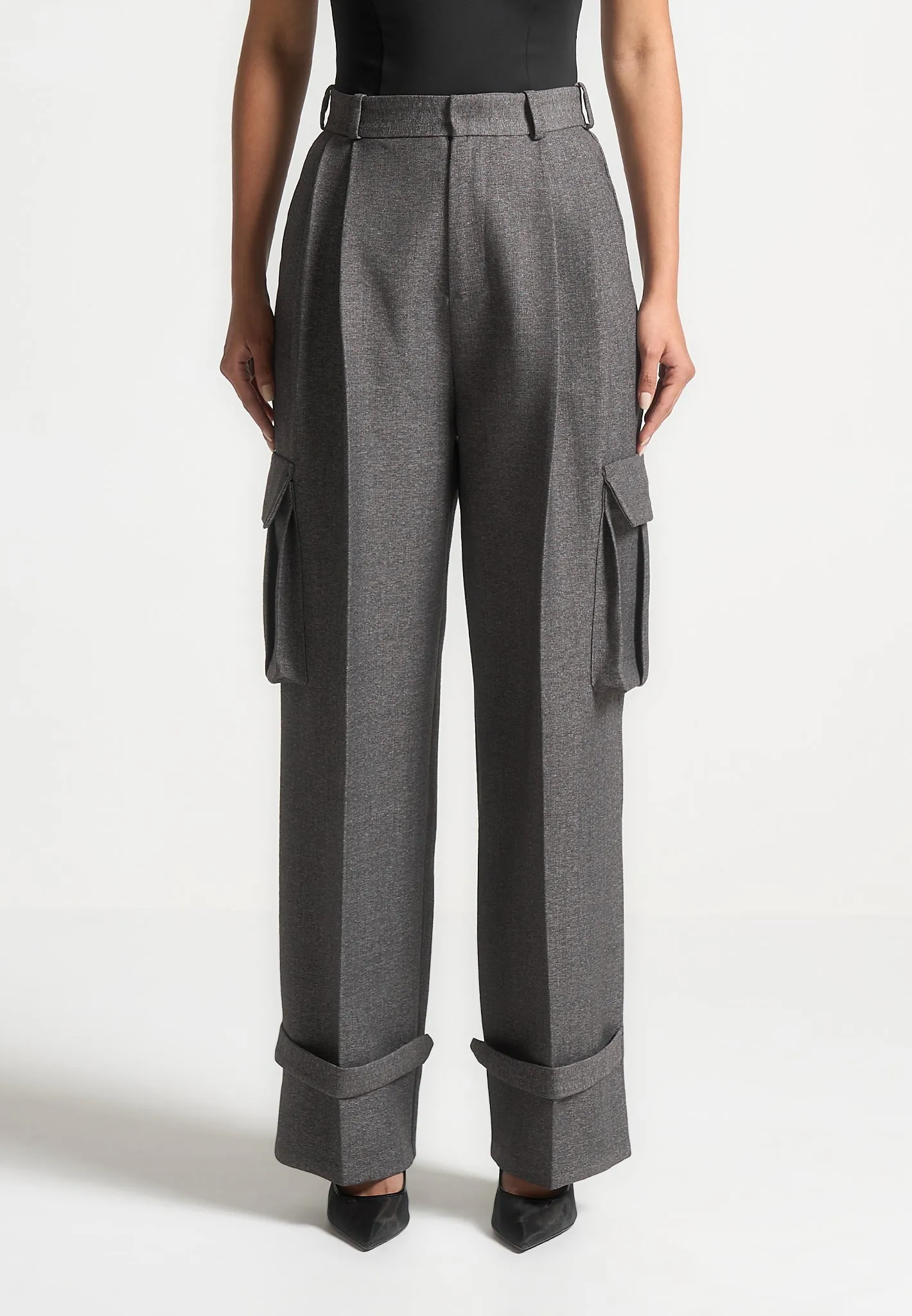 Danielle - Textured Tailored Pleated Cargo Trousers - Grey Marl Work Wear Luxury Tailoring