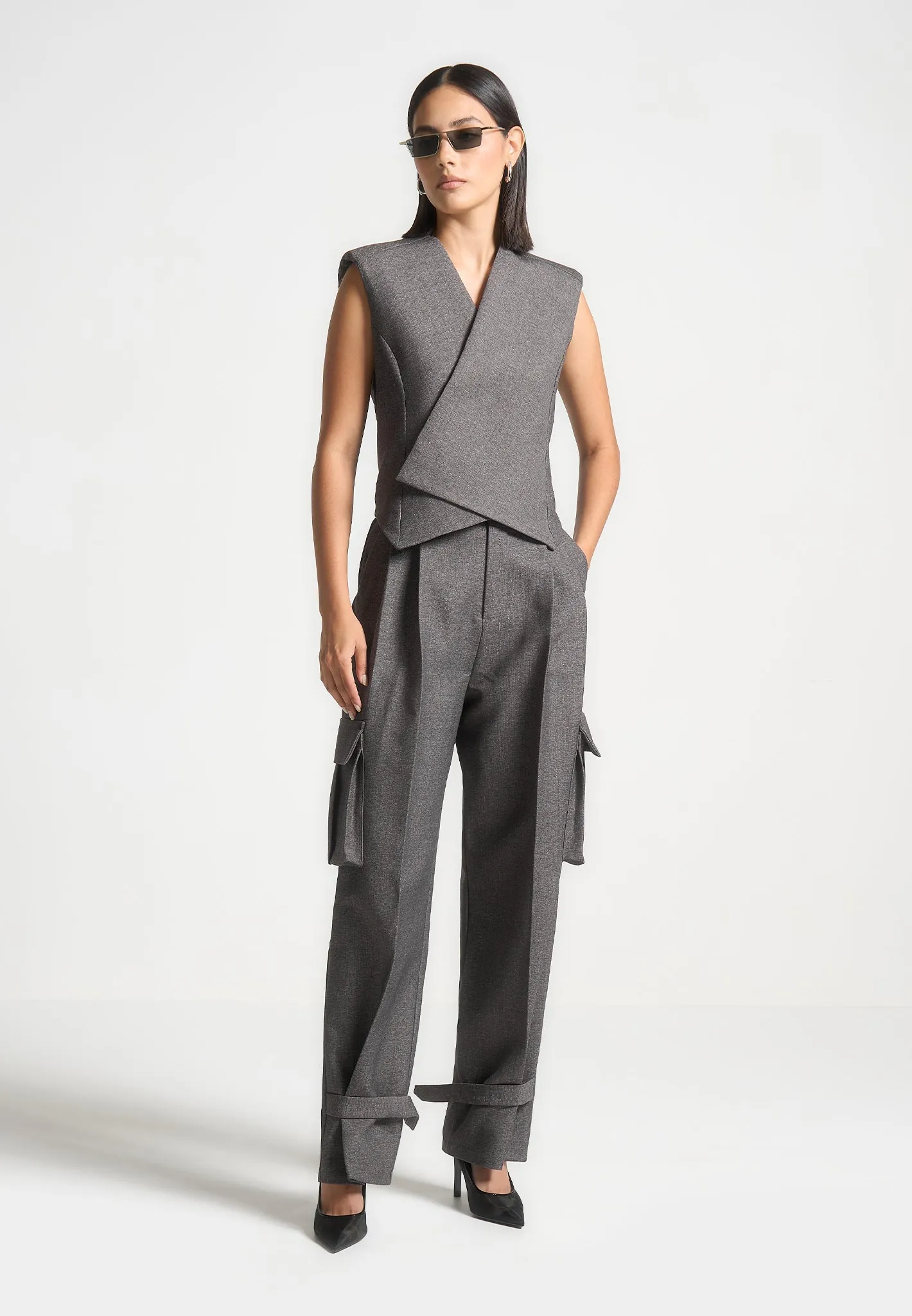 Timeless Business Fit Layered Comfort Wear Danielle - Textured Tailored Pleated Cargo Trousers - Grey Marl