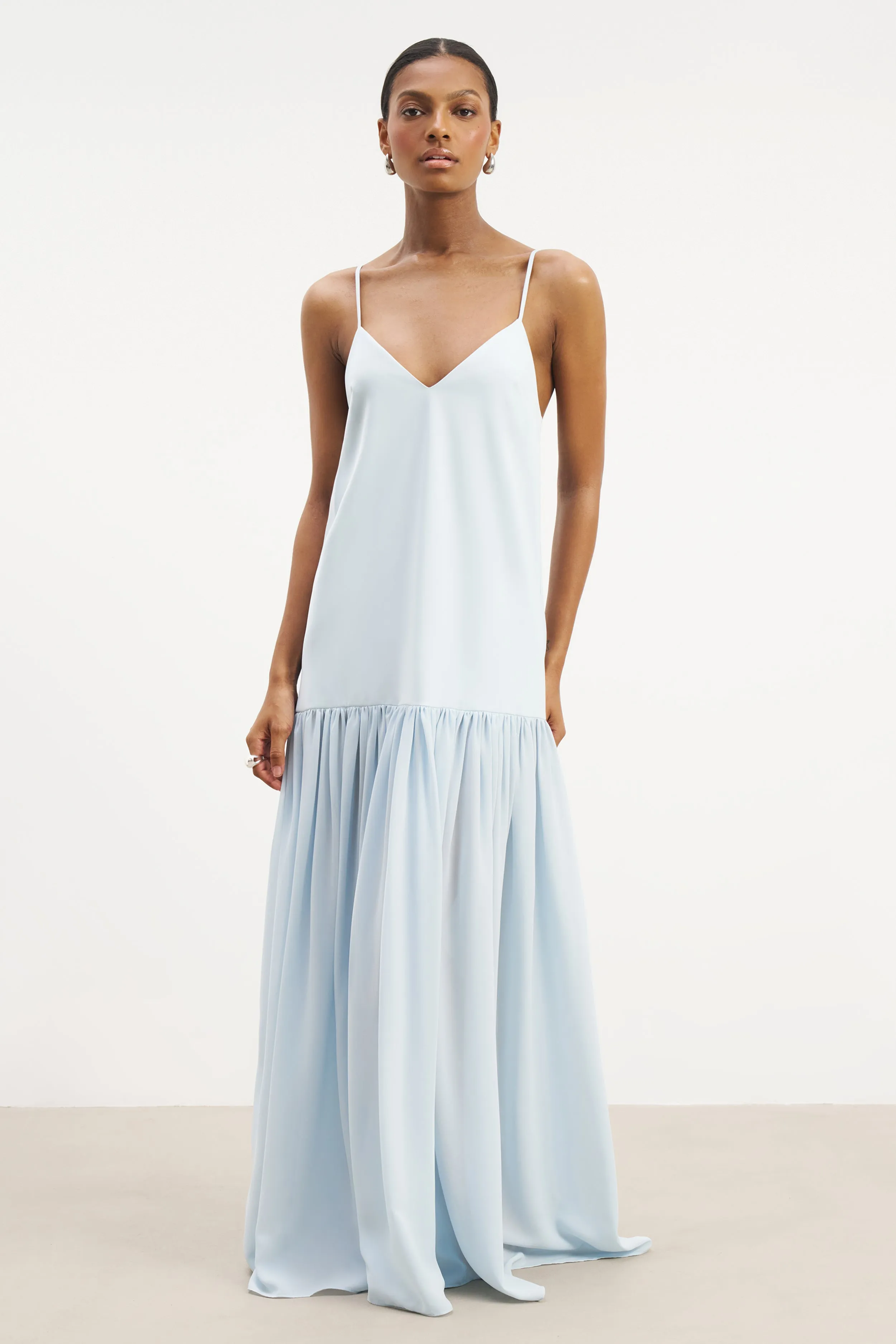 Peach Tone Flowing Dropped Waist Maxi Dress - Powder Blue