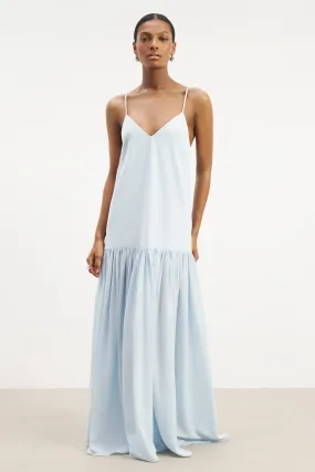 Peach Tone Flowing Dropped Waist Maxi Dress - Powder Blue