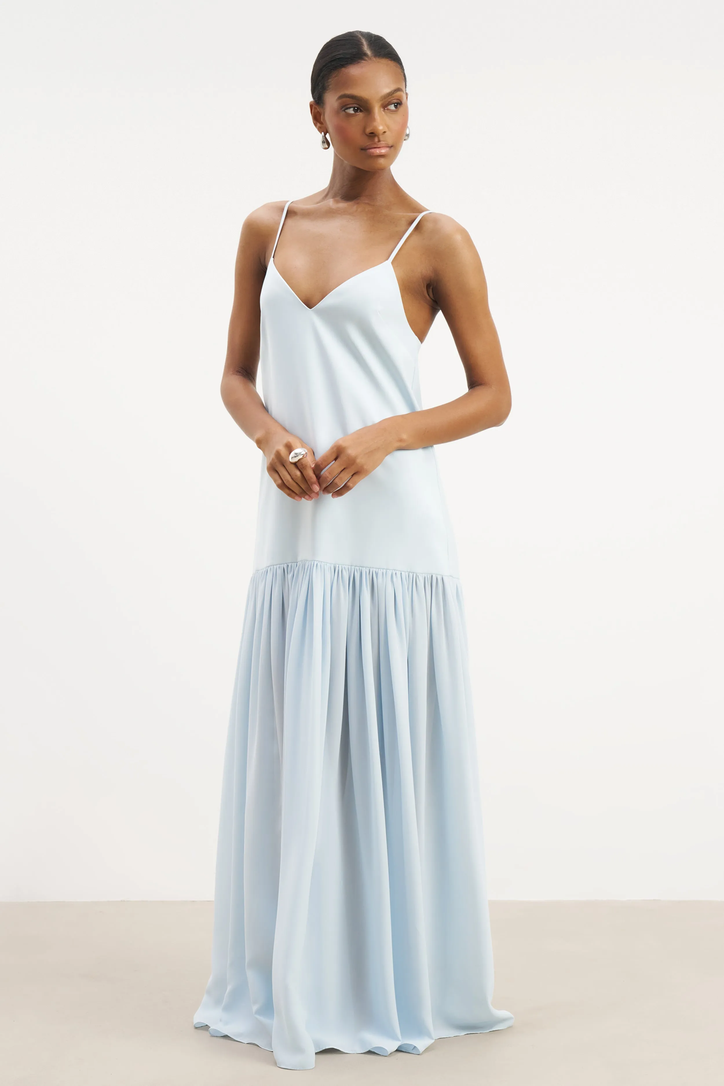 Flowing Dropped Waist Maxi Dress - Powder Blue Aura Glow