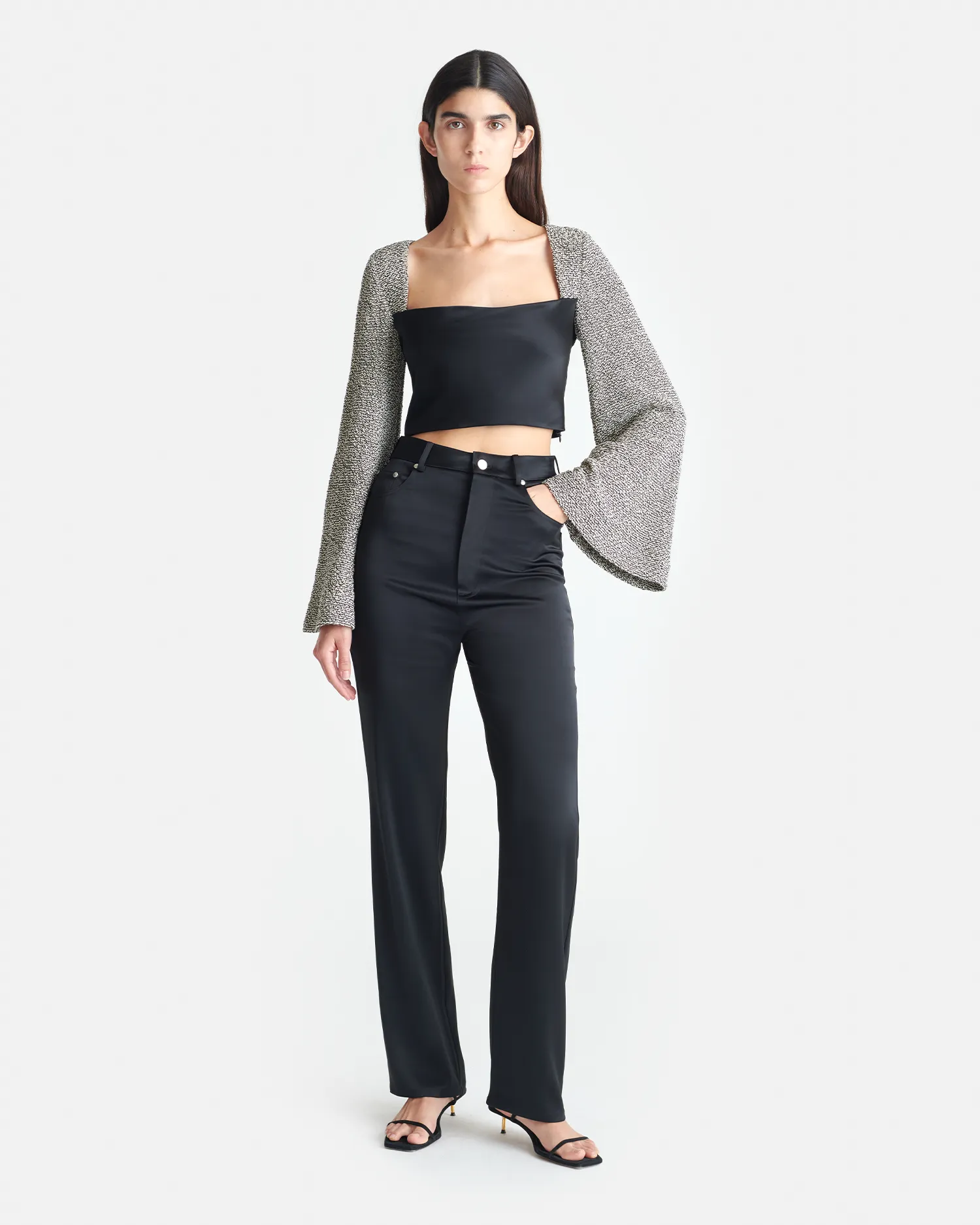 Tasula - Slip Satin and Loopback Cotton Top - Black/Mouline BreathableMeshPanel DualLayer Weave