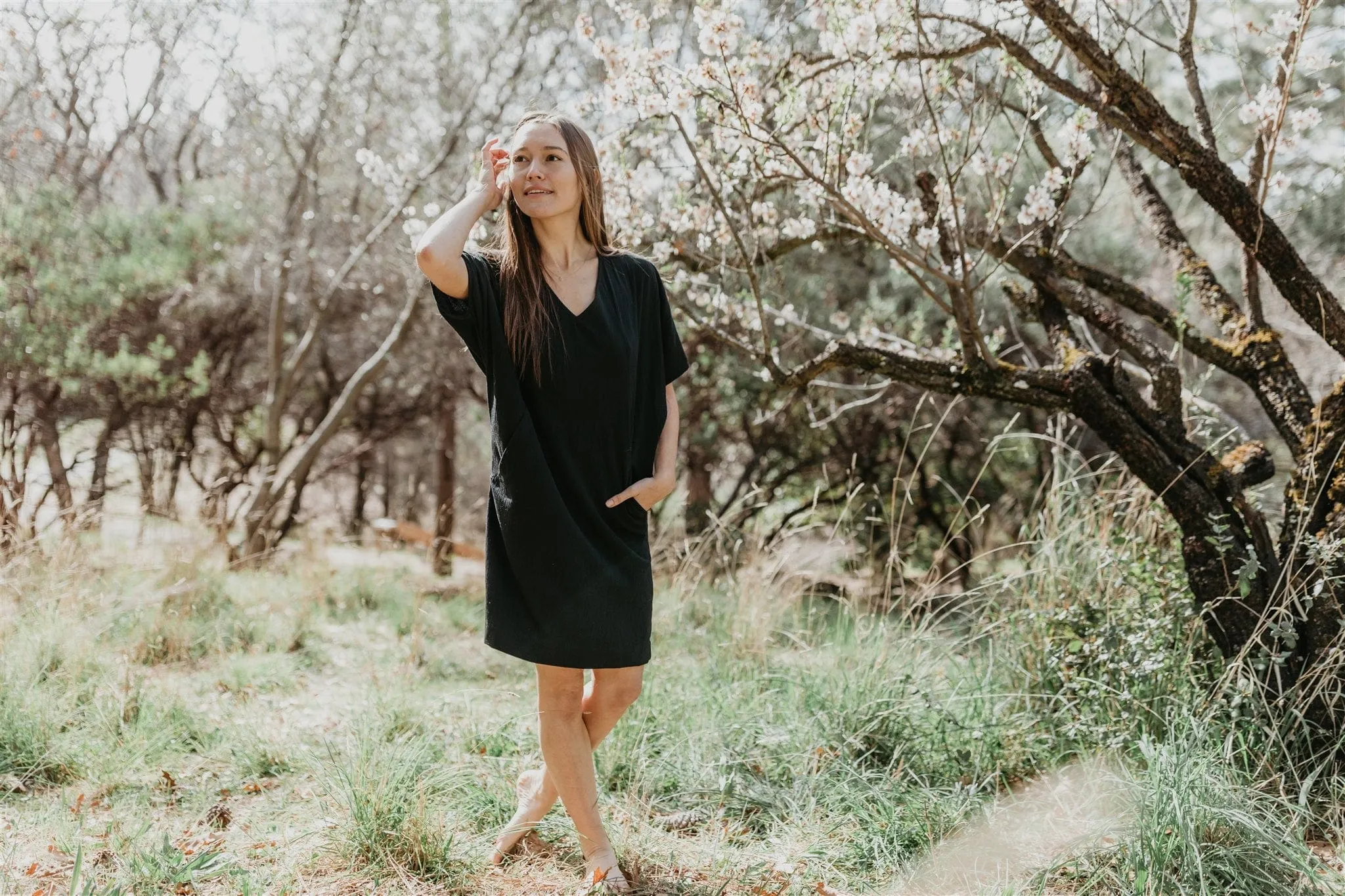 Cocoon Dress in Black Crepe Smooth Wear Bold Structure