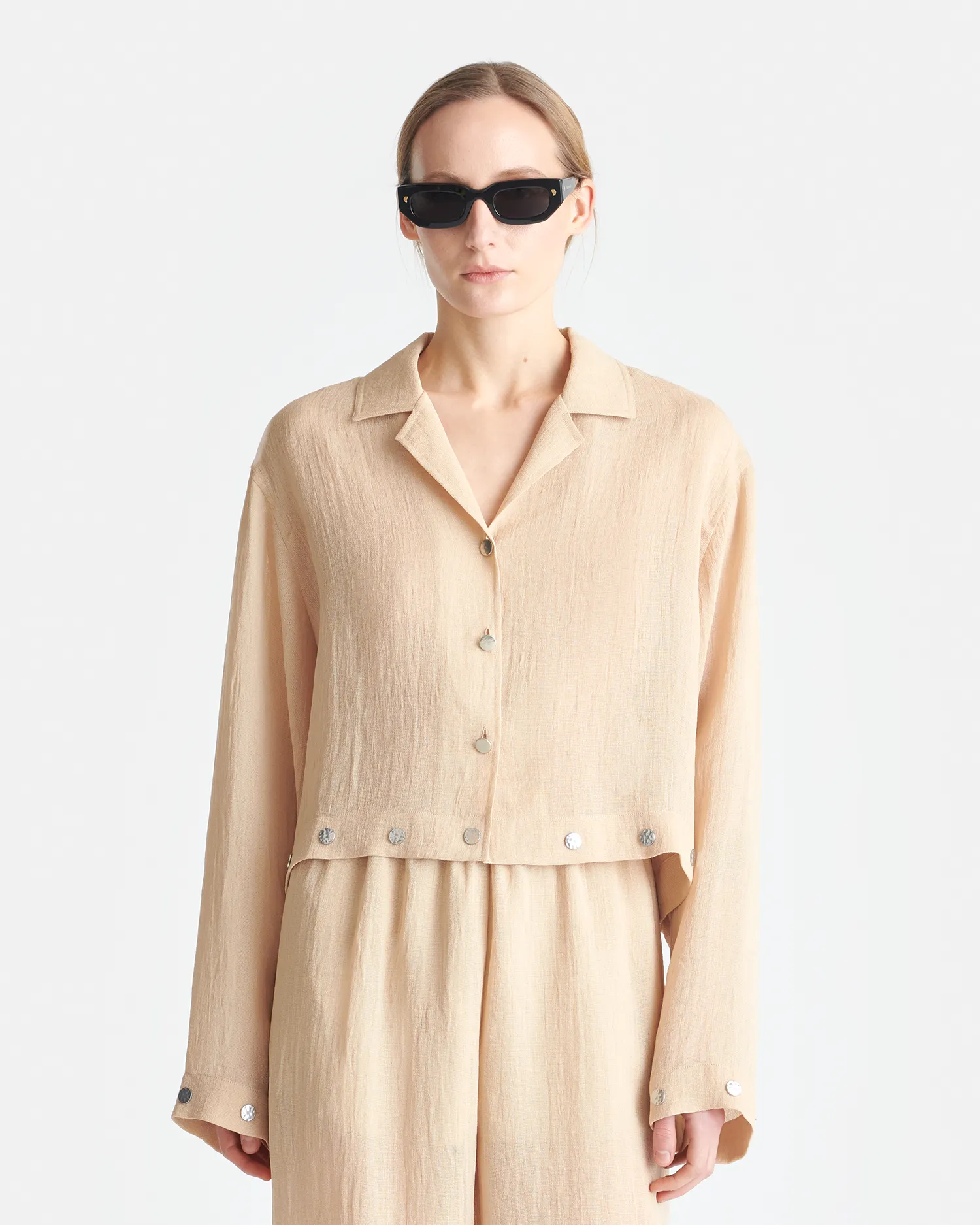 Circular Knit Technique Vally - Studded Cropped Gauze Shirt - Wax