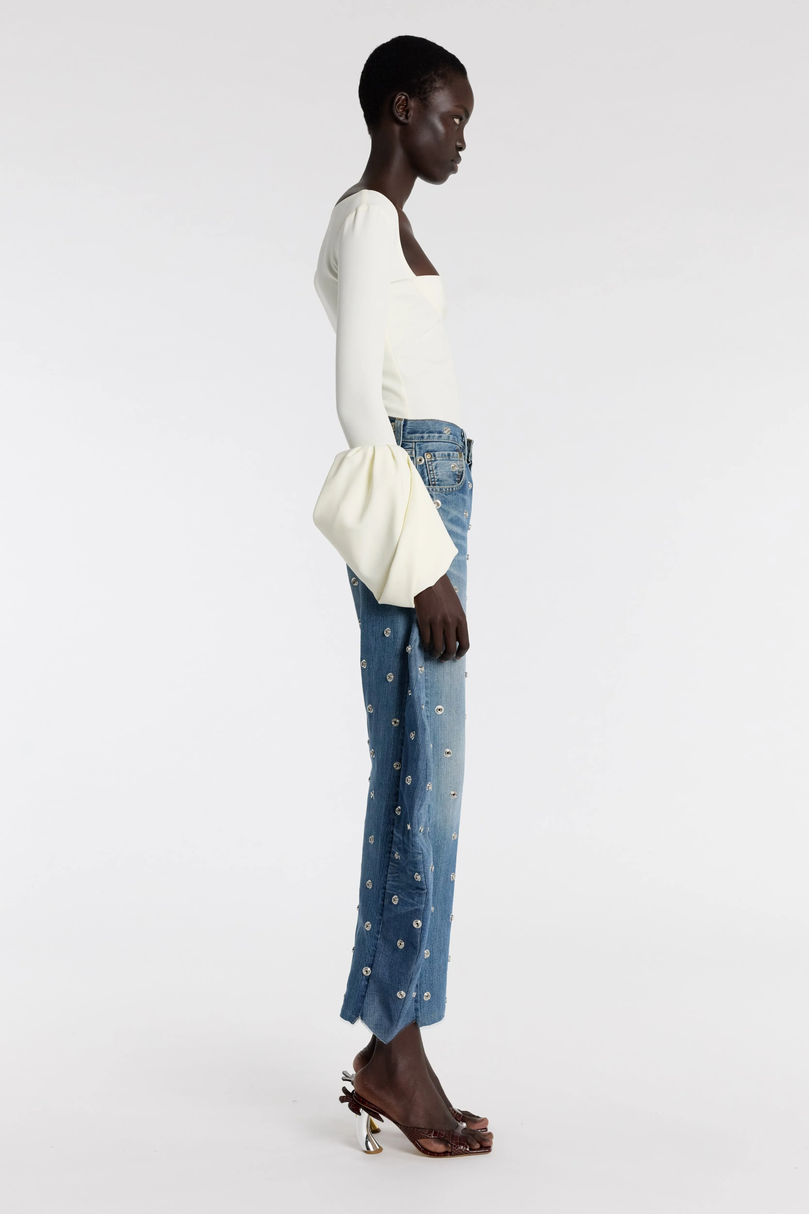 AntiPill Texture Top With Square Decollete And Puff Cuffs Ivory